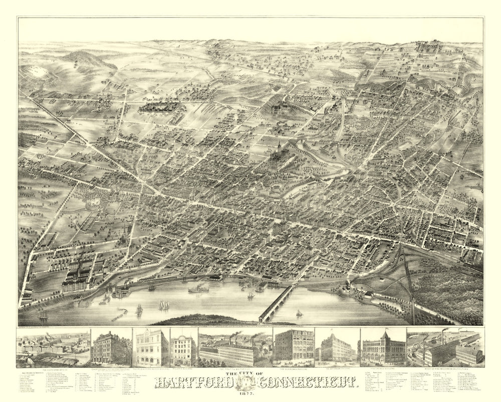 Vintage Map of Hartford, Connecticut 1877 print style example