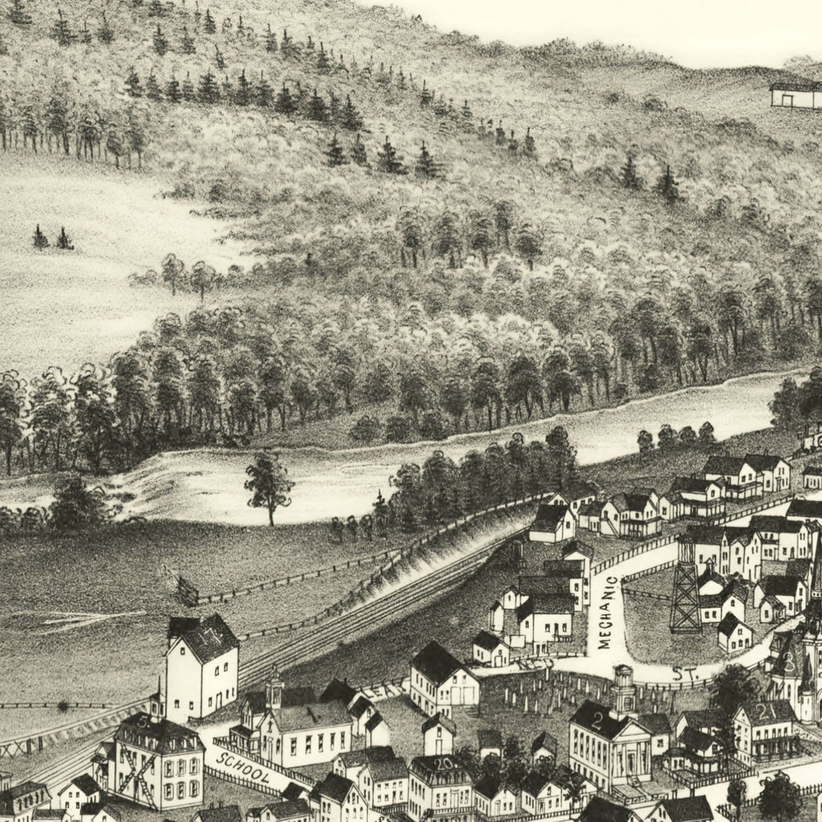 Restored historic details from the 1889 city map of Jewett City, Connecticut
