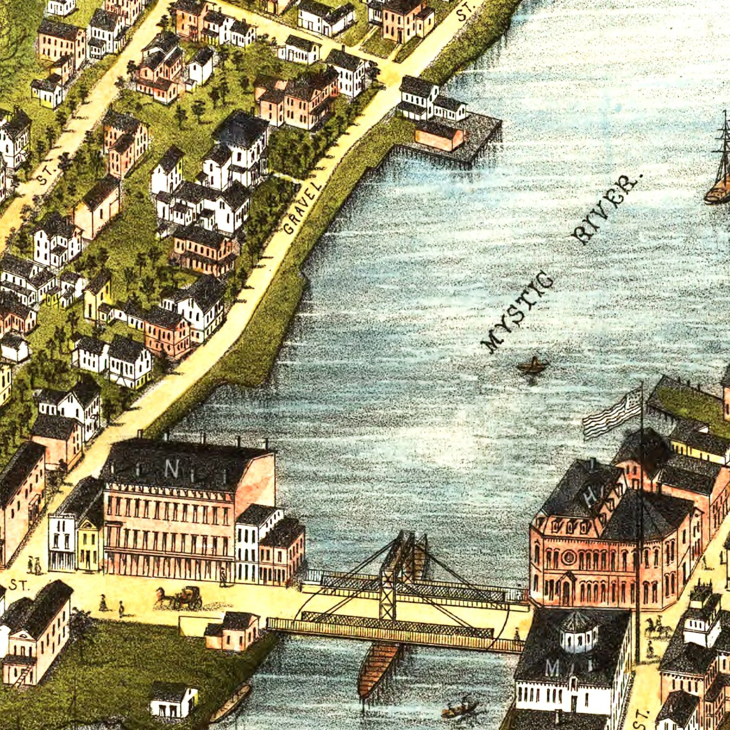 Restored historic details from the 1879 city map of Mystic River, Connecticut