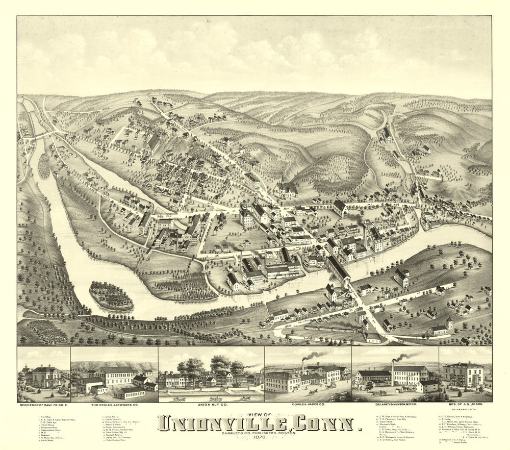 Vintage Map of Unionville, Connecticut 1878 print style example