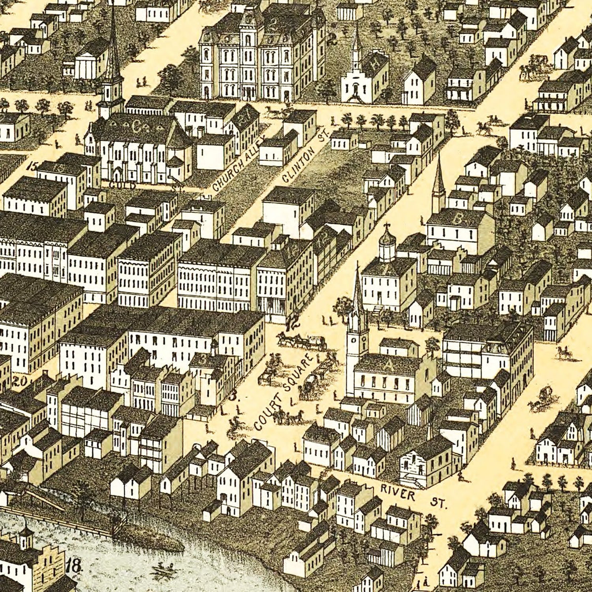 Restored historic details from the 1877 city map of Plattsburgh, New York