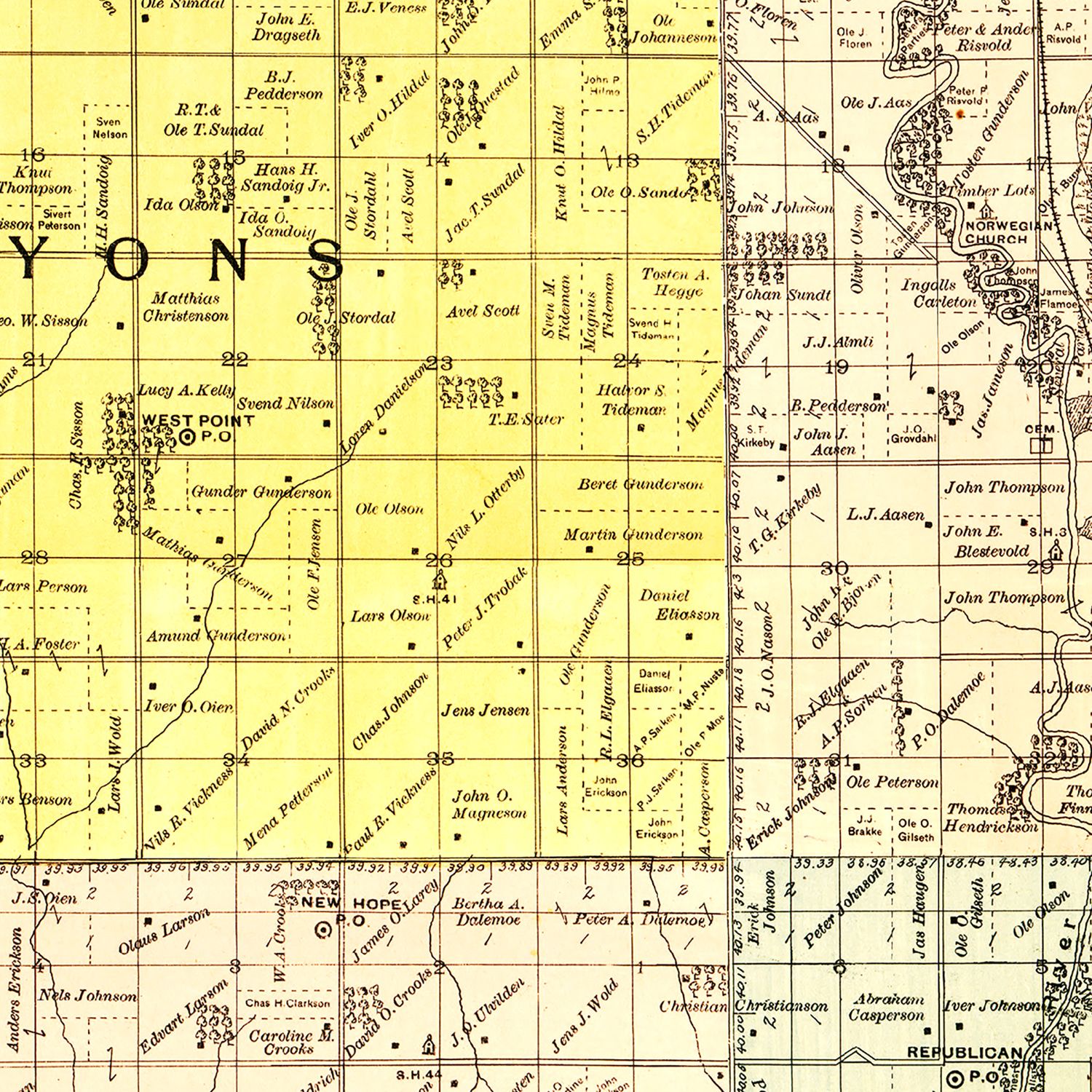 Restored historic details from the 1893 county map of Minnehaha County, South Dakota