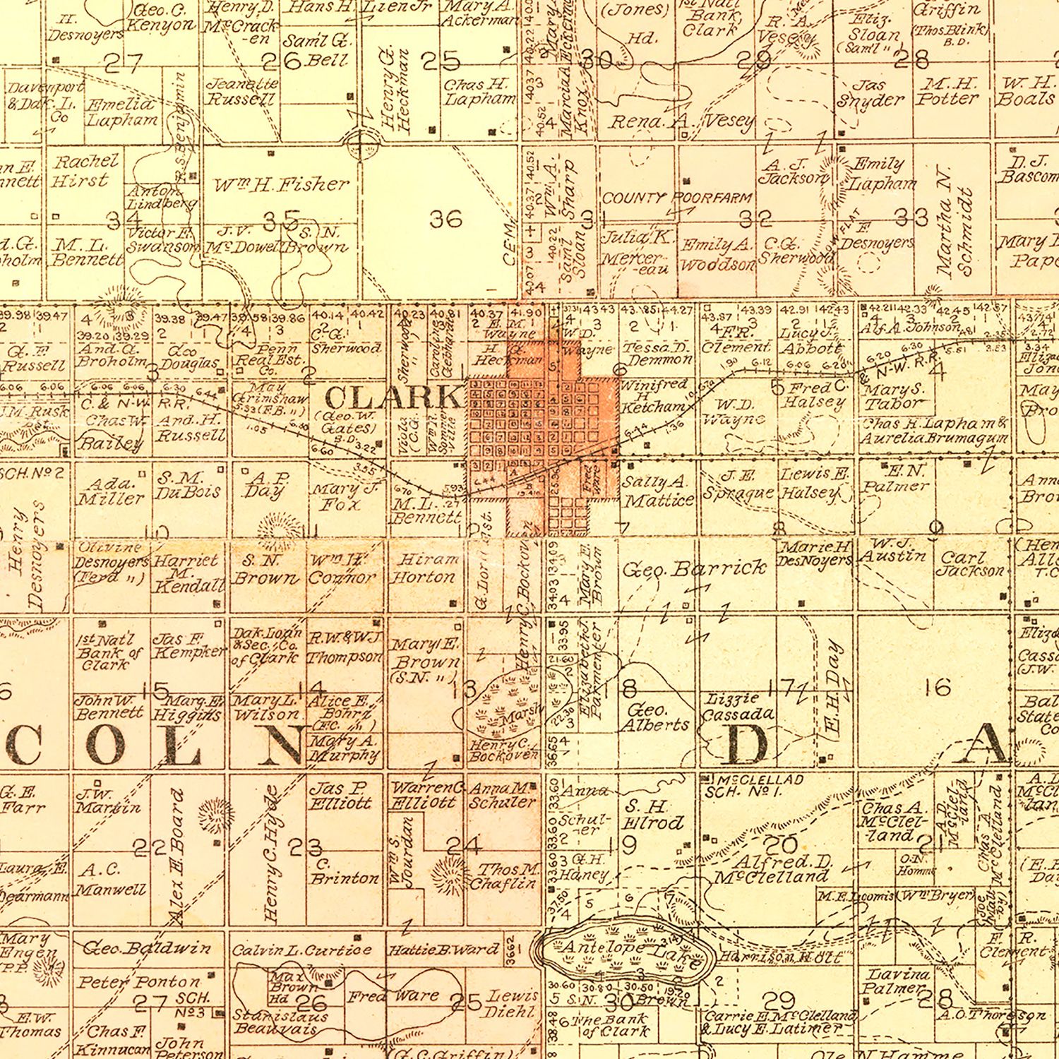 Restored historic details from the 1900 county map of Clark County, South Dakota