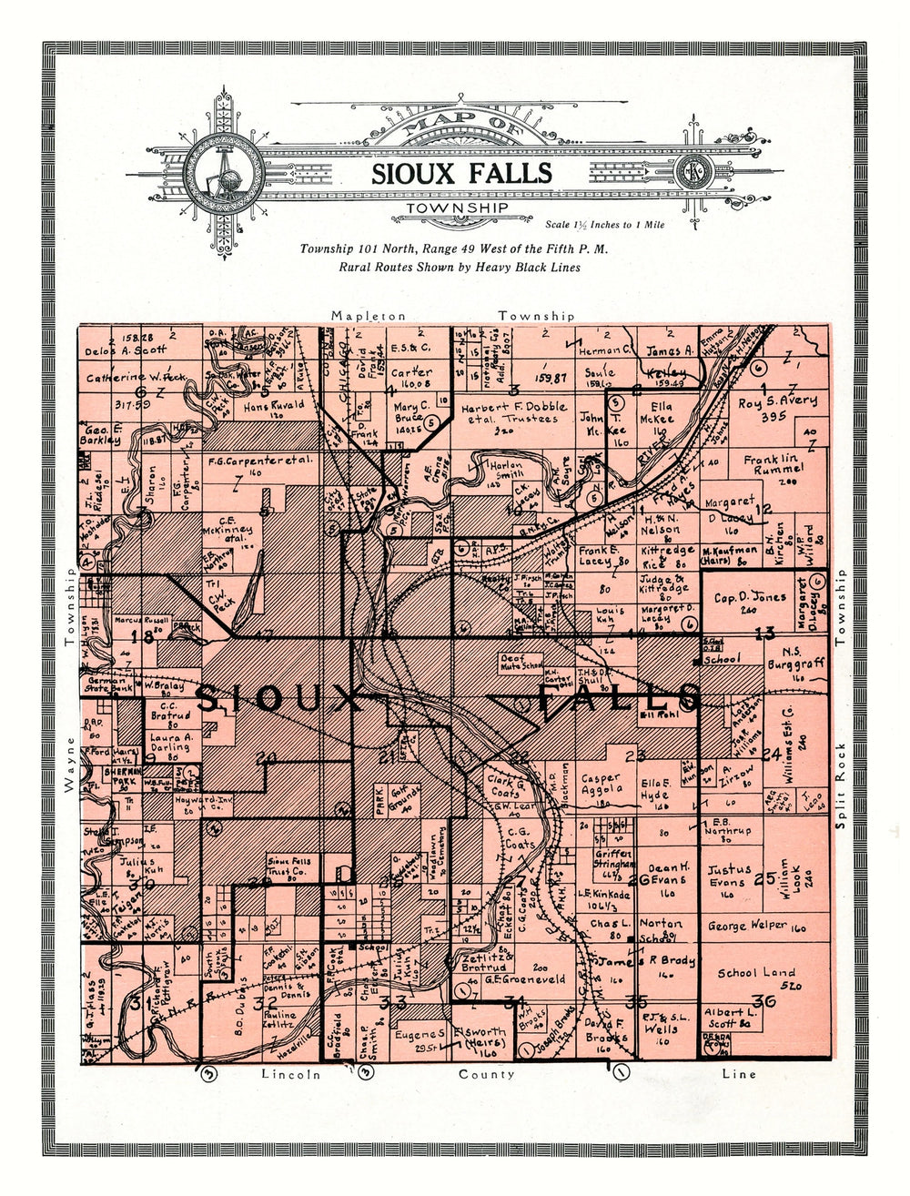 Vintage Map of Sioux Falls Township, Minnehaha County, South Dakota 1913 print style example