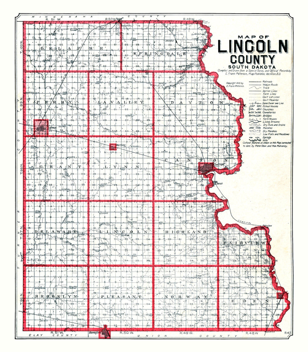 Vintage Map of Lincoln County, South Dakota 1904 print style example