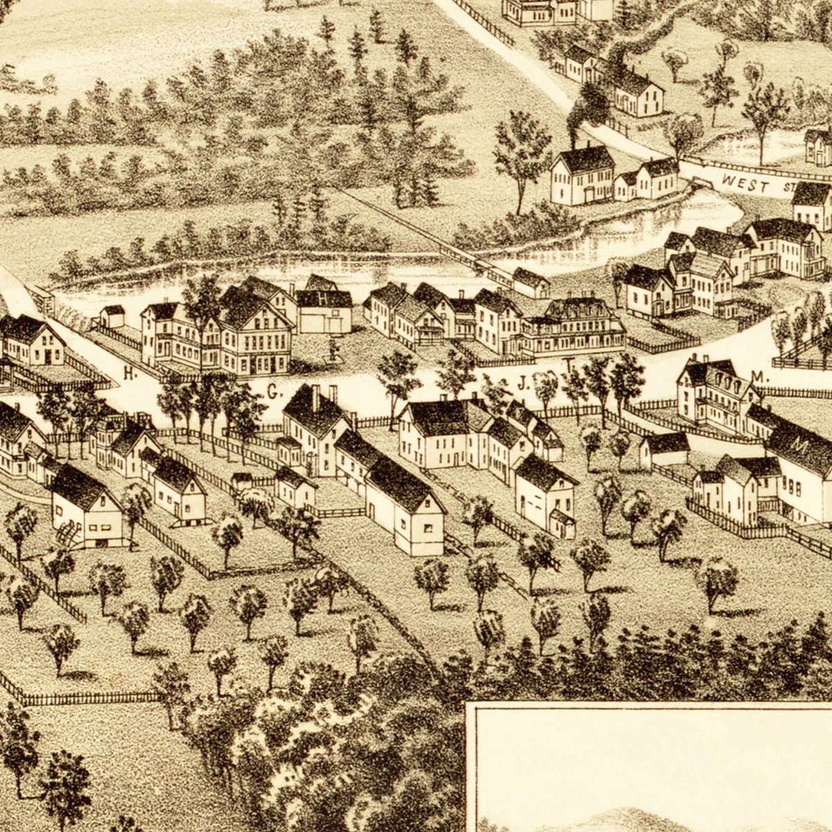 Restored historic details from the 1887 city map of Antrim And Clinton Village, New Hampshire