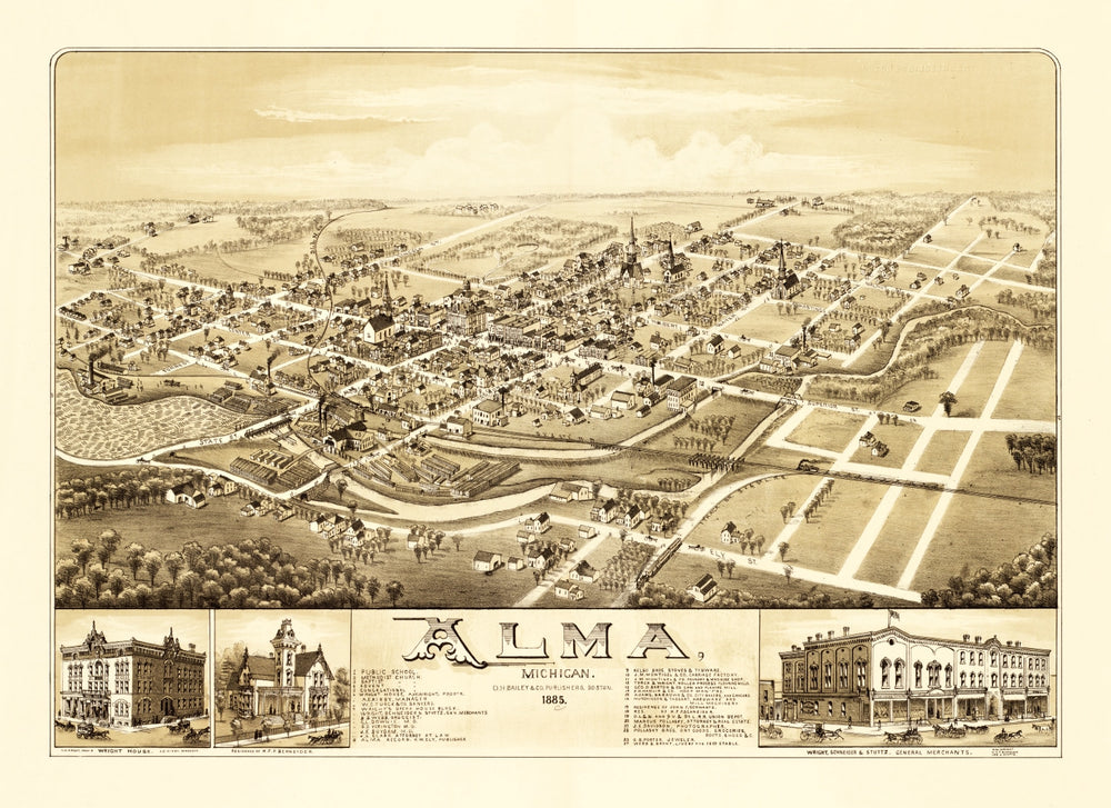 Vintage Map of Alma, Michigan 1885 print style example