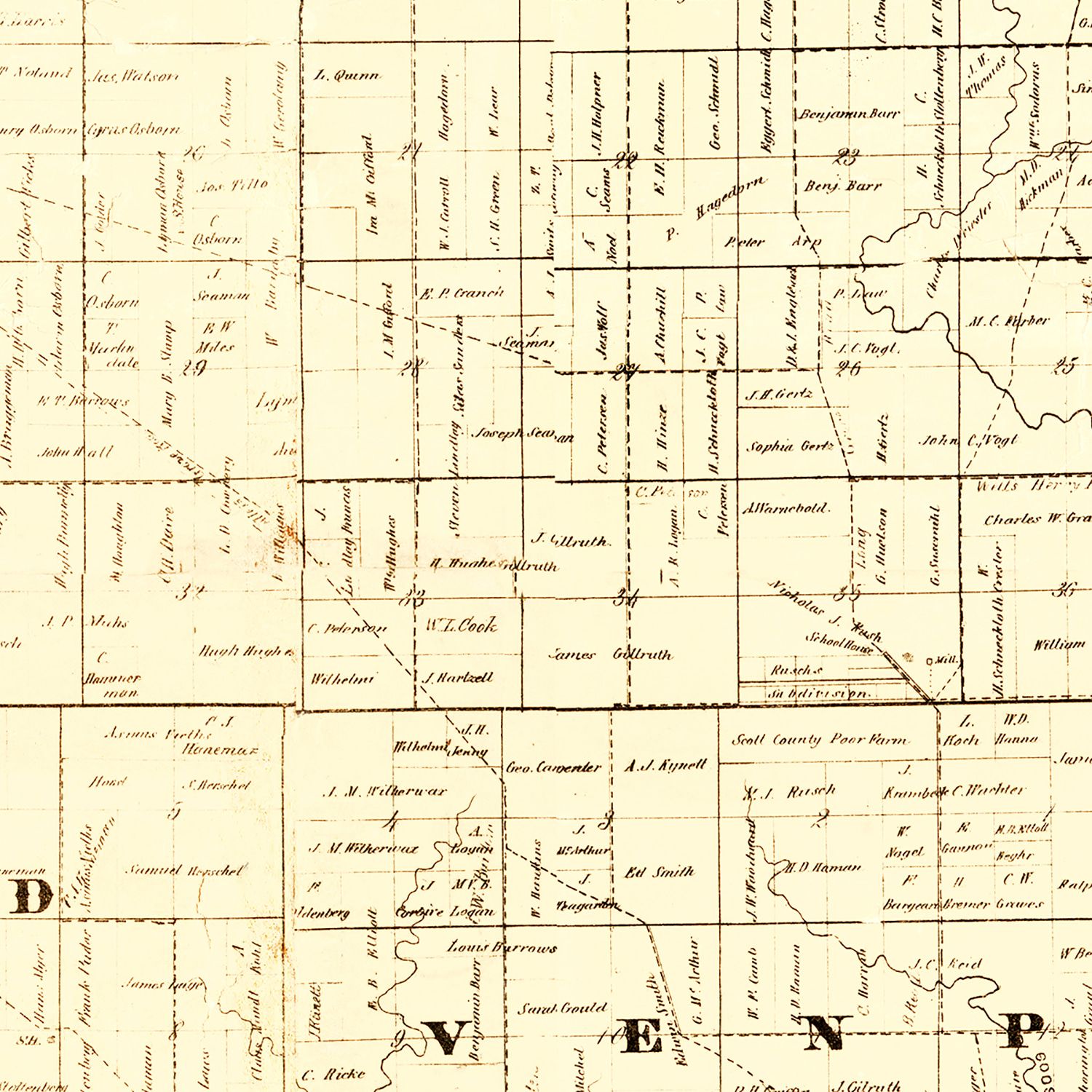 Restored historic details from the 1860 county map of Scott County, Iowa