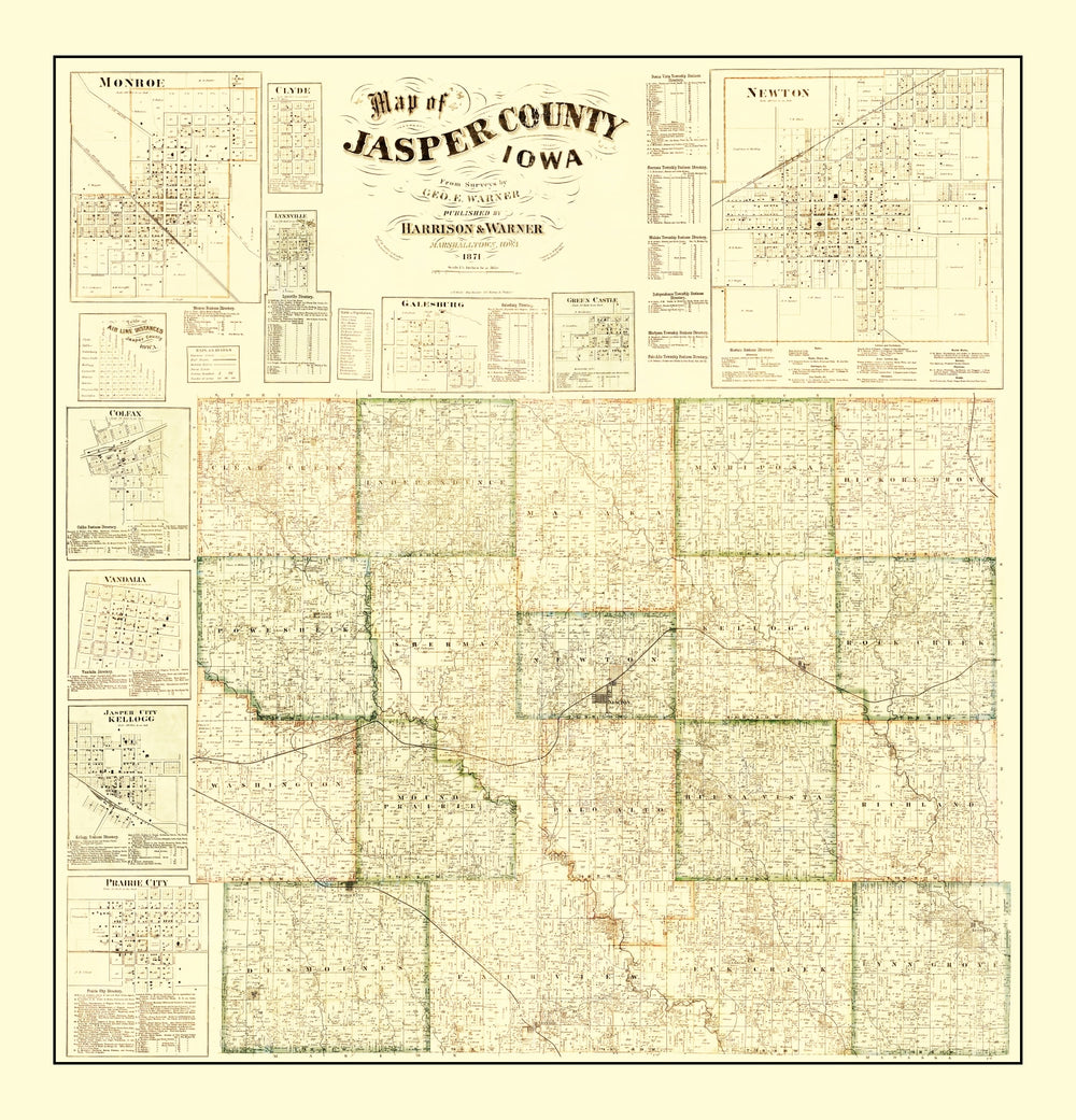 Vintage Map of Jasper County, Iowa 1871 print style example