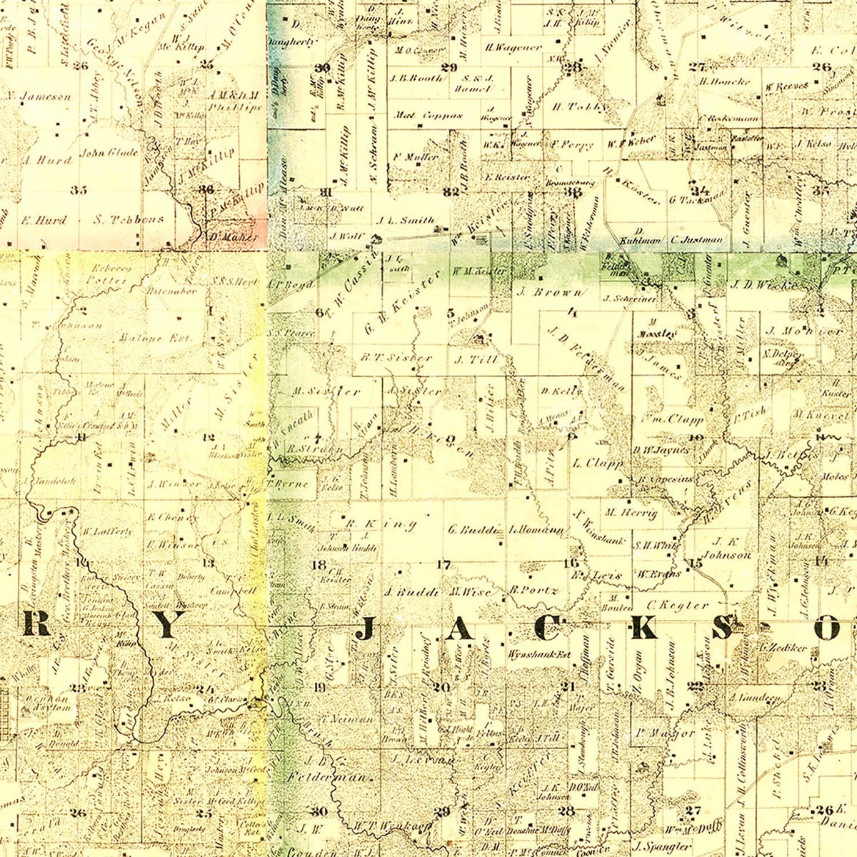 Restored historic details from the 1867 county map of Jackson County, Iowa