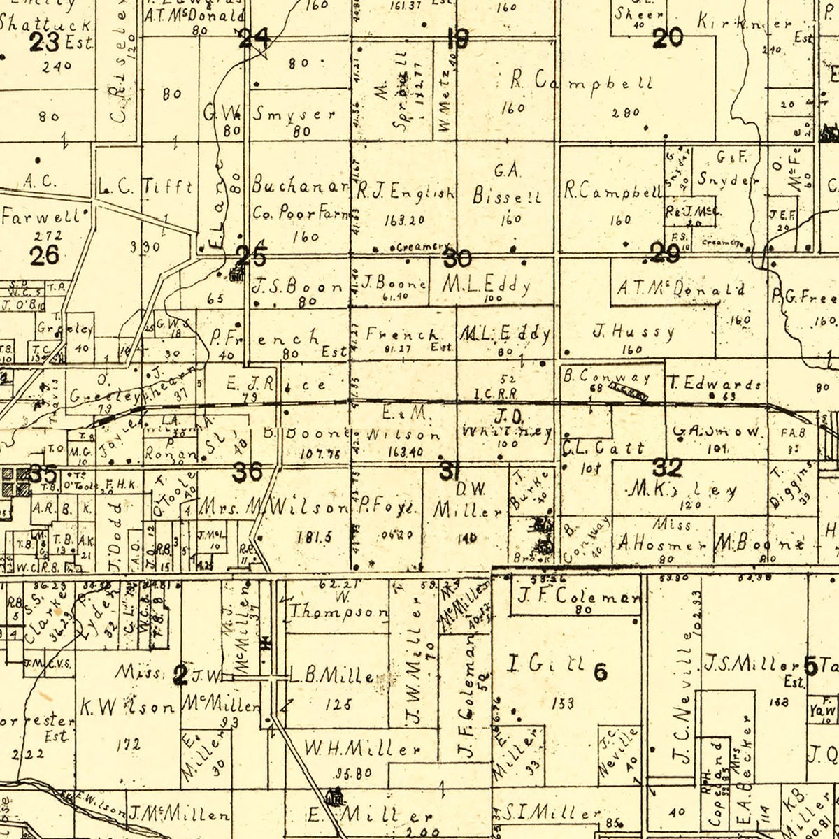 Restored historic details from the 1900 county map of Buchanan County, Iowa