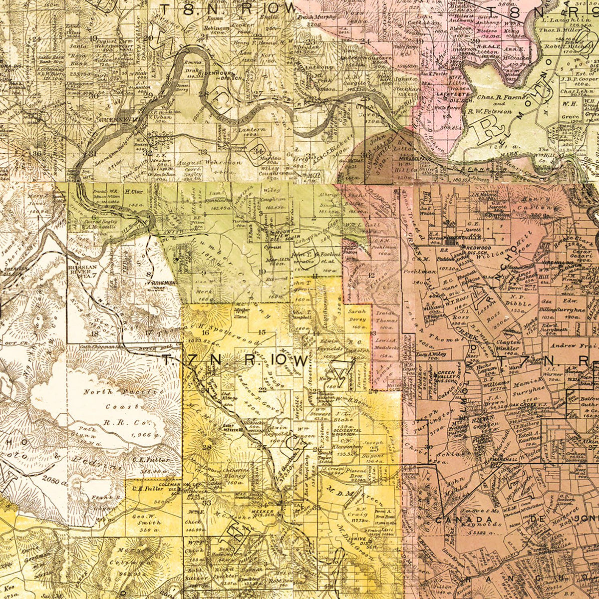 Restored historic details from the 1900 county map of Sonoma County, California
