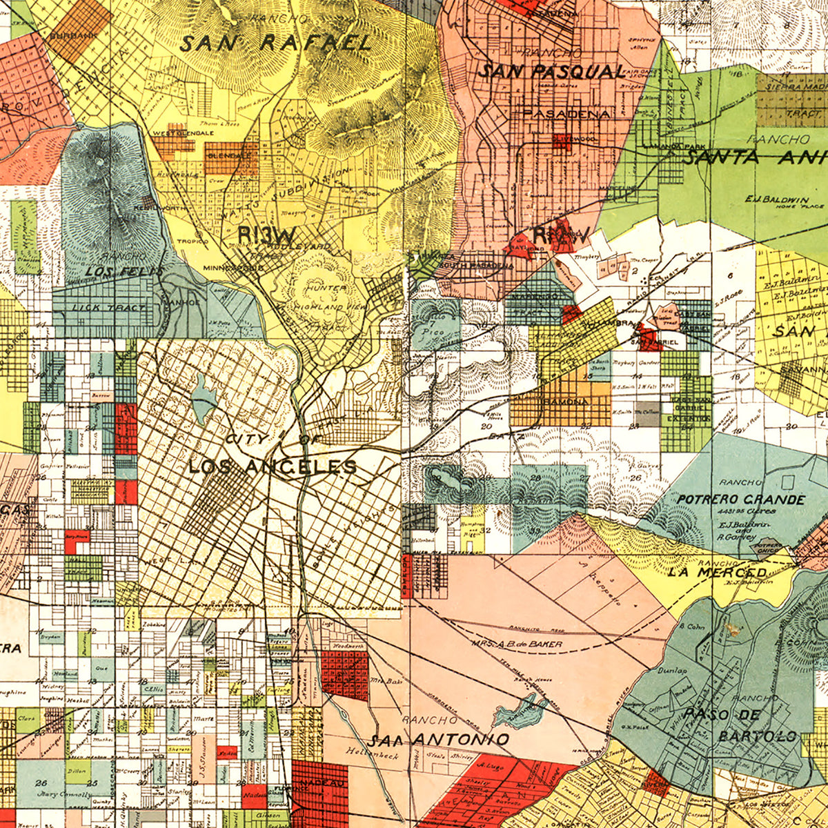 Restored historic details from the 1888 county map of Los Angeles County, California