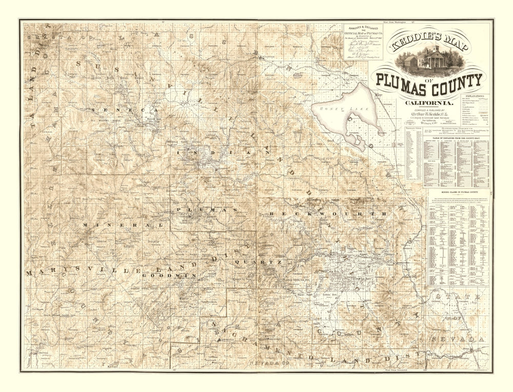 Vintage Map of Plumas County, California 1892 print style example