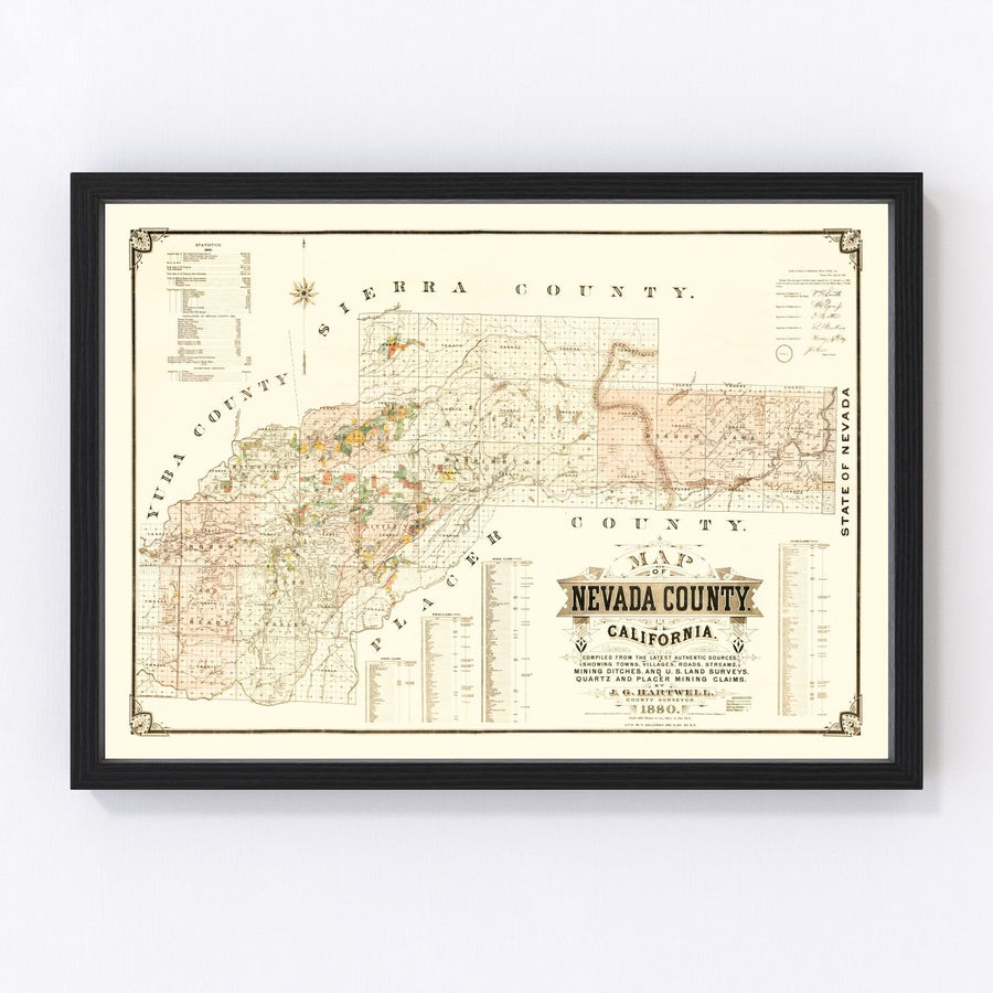 Vintage Map of Nevada County, California 1880