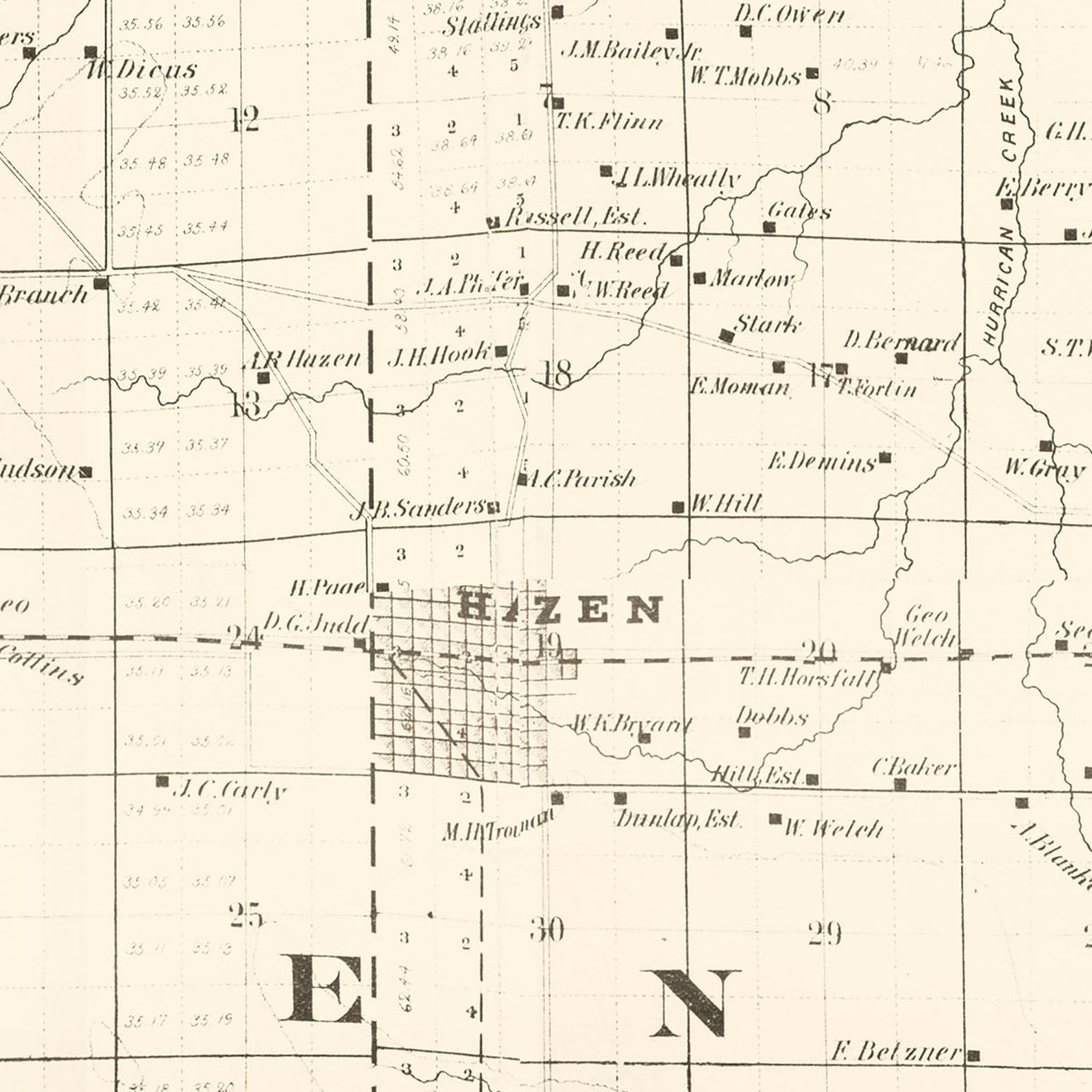 Restored historic details from the 1892 county map of Prairie County, Arkansas
