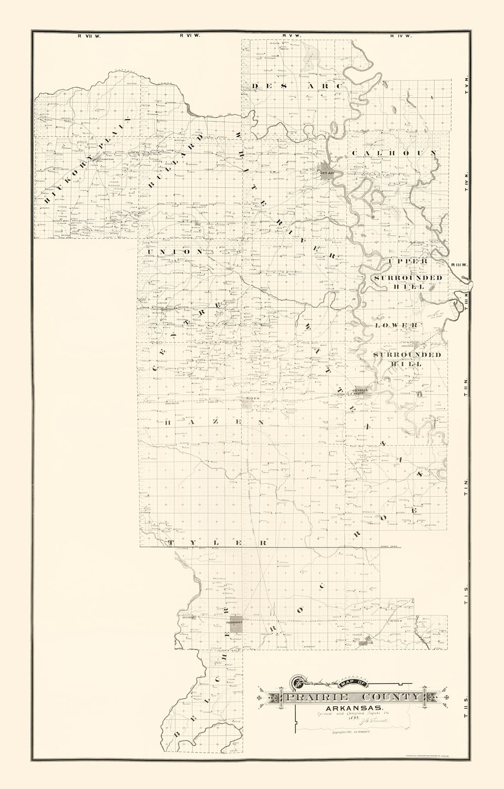Vintage Map of Prairie County, Arkansas 1892 print style example