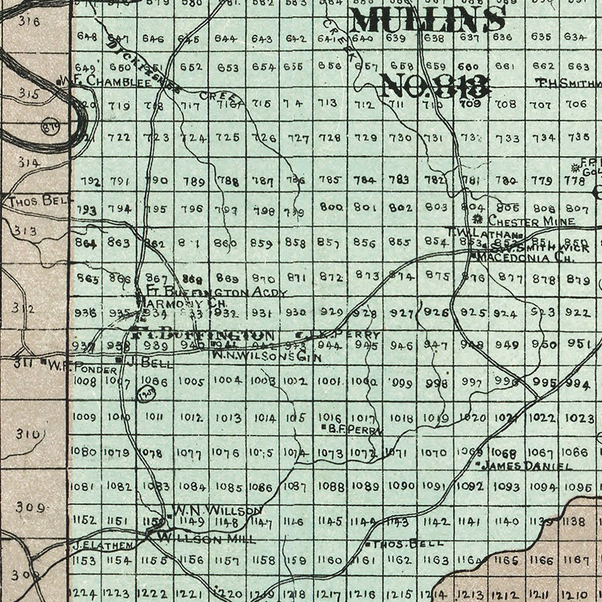 Restored historic details from the 1895 county map of Cherokee County, Georgia