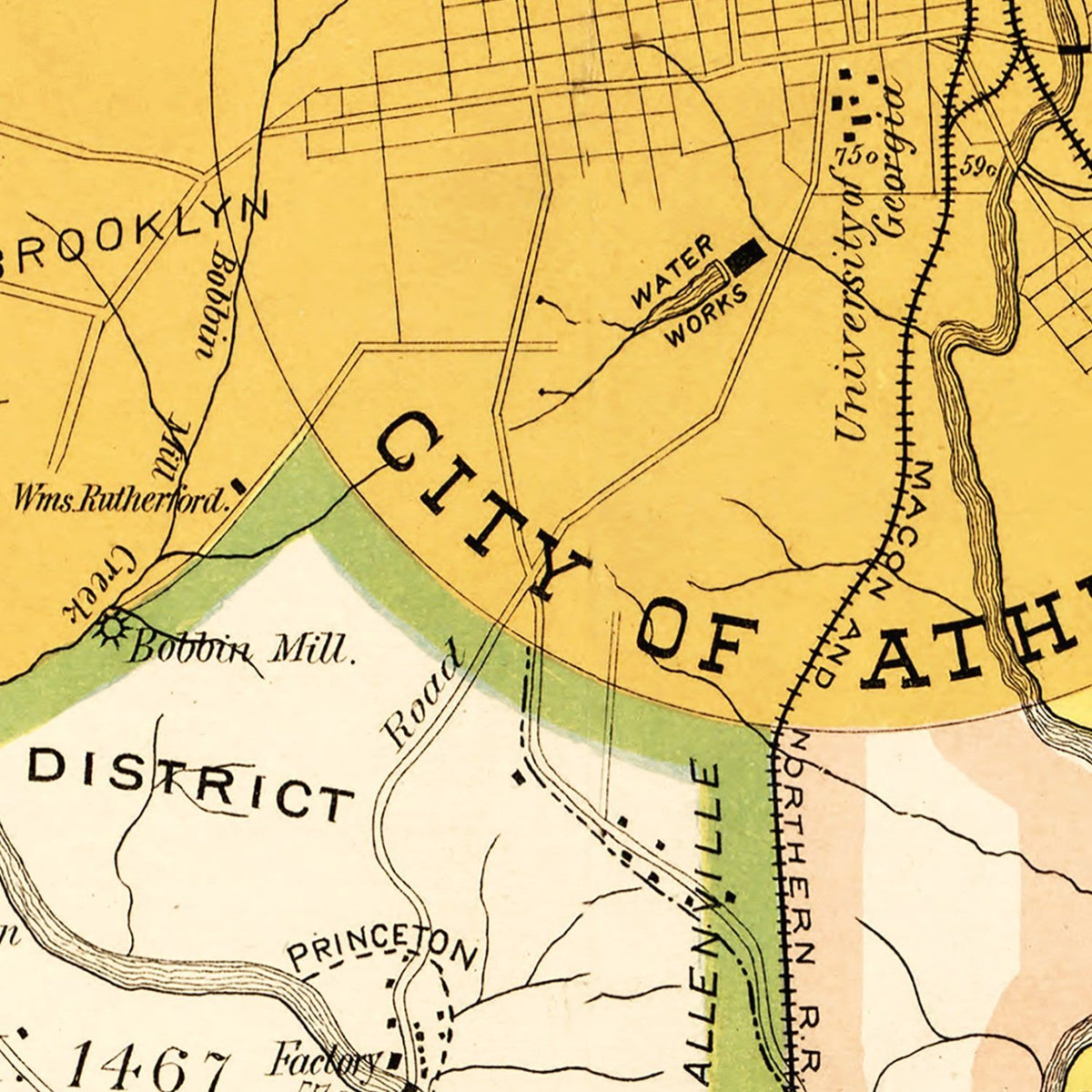 Restored historic details from the 1893 county map of Clarke County, Georgia
