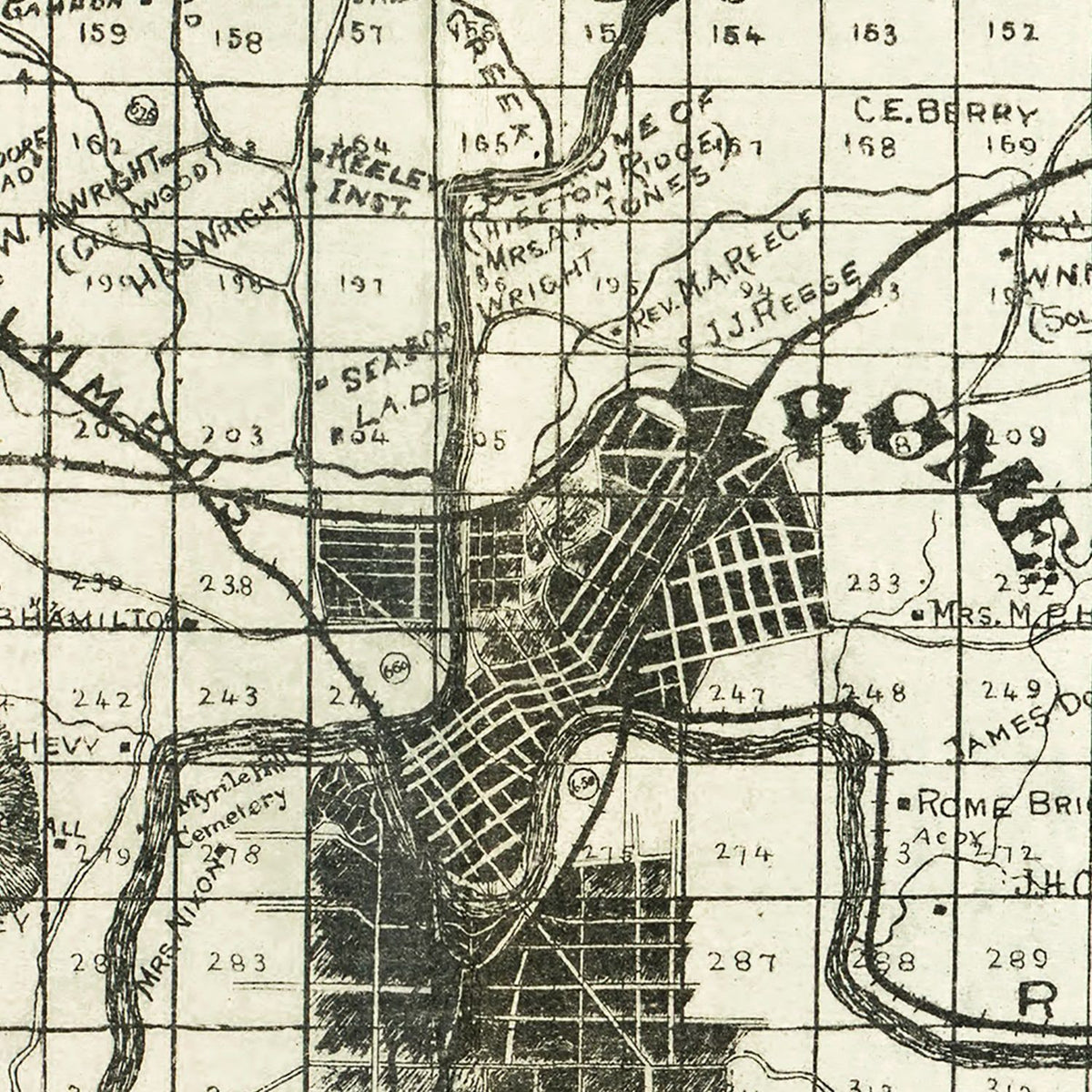 Restored historic details from the 1895 county map of Floyd County, Georgia