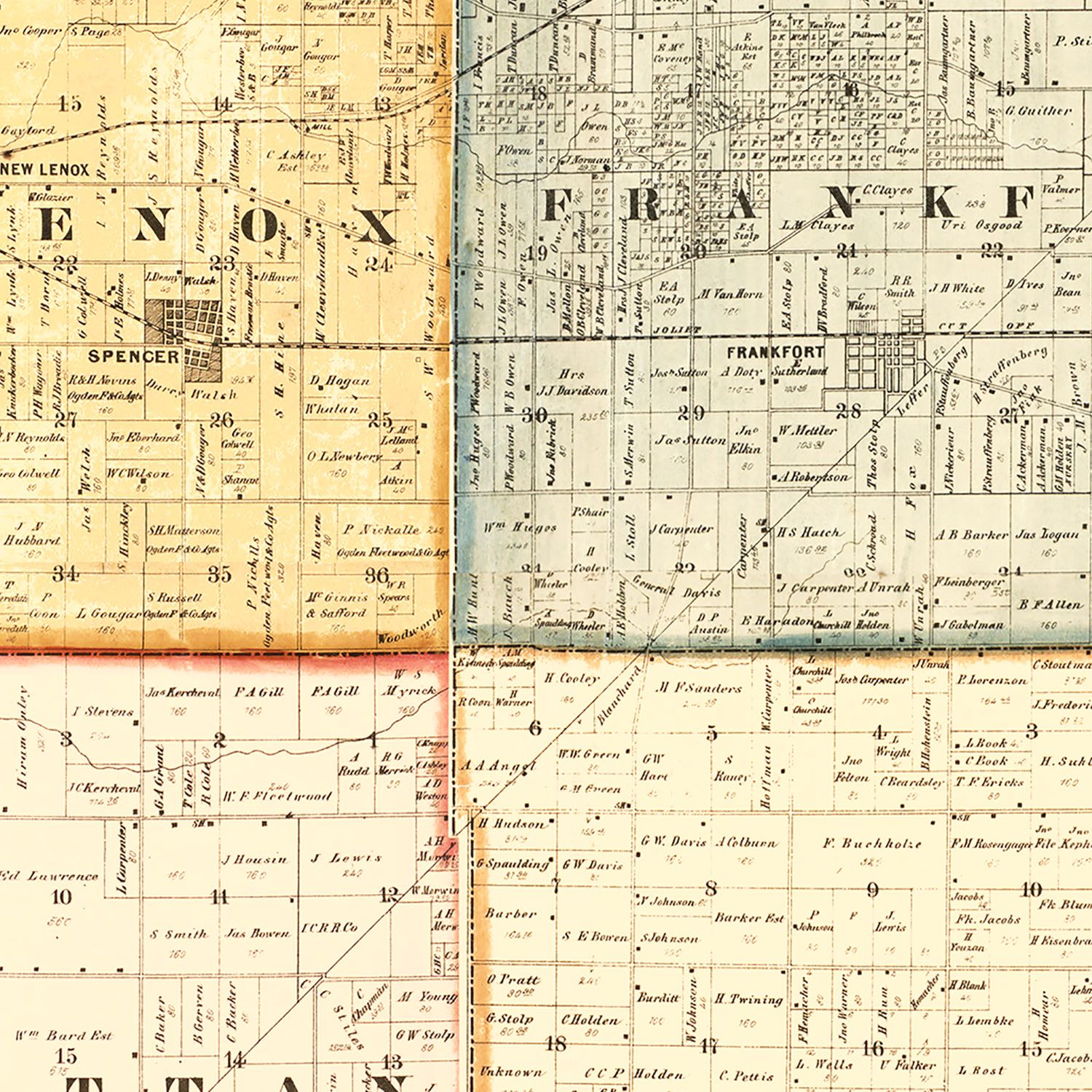 Restored historic details from the 1864 county map of Will County, Illinois