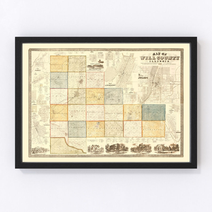 Vintage Map of Will County, Illinois 1864
