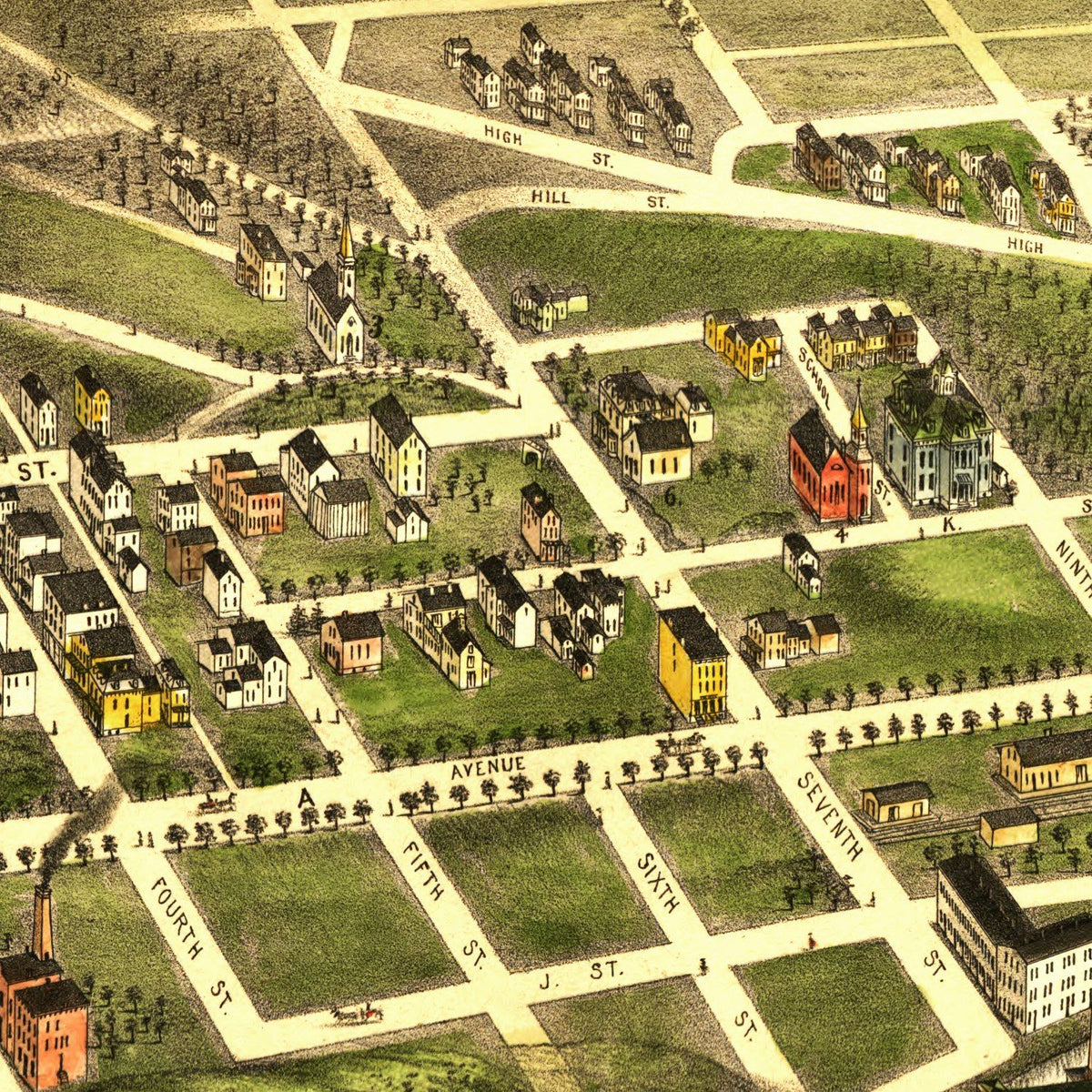 Restored historic details from the 1887 city map of Turners Falls, Massachusetts