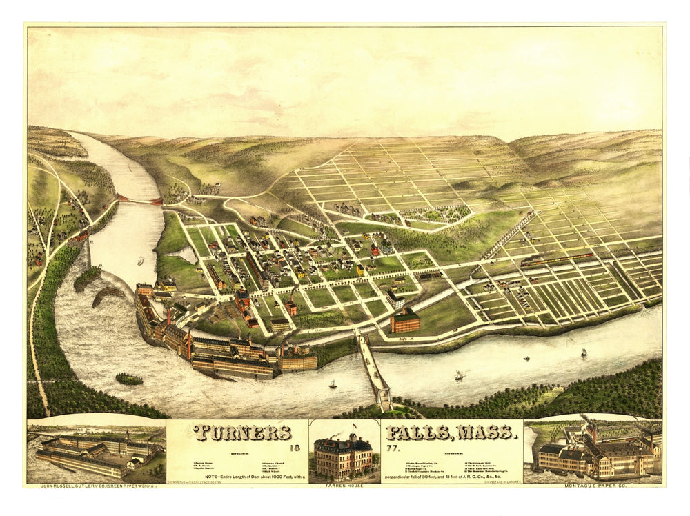 Vintage Map of Turners Falls, Massachusetts 1887 print style example