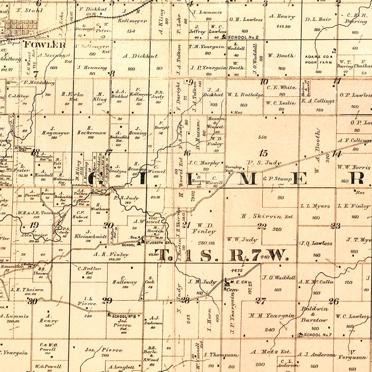 Restored historic details from the 1889 county map of Adams County, Illinois