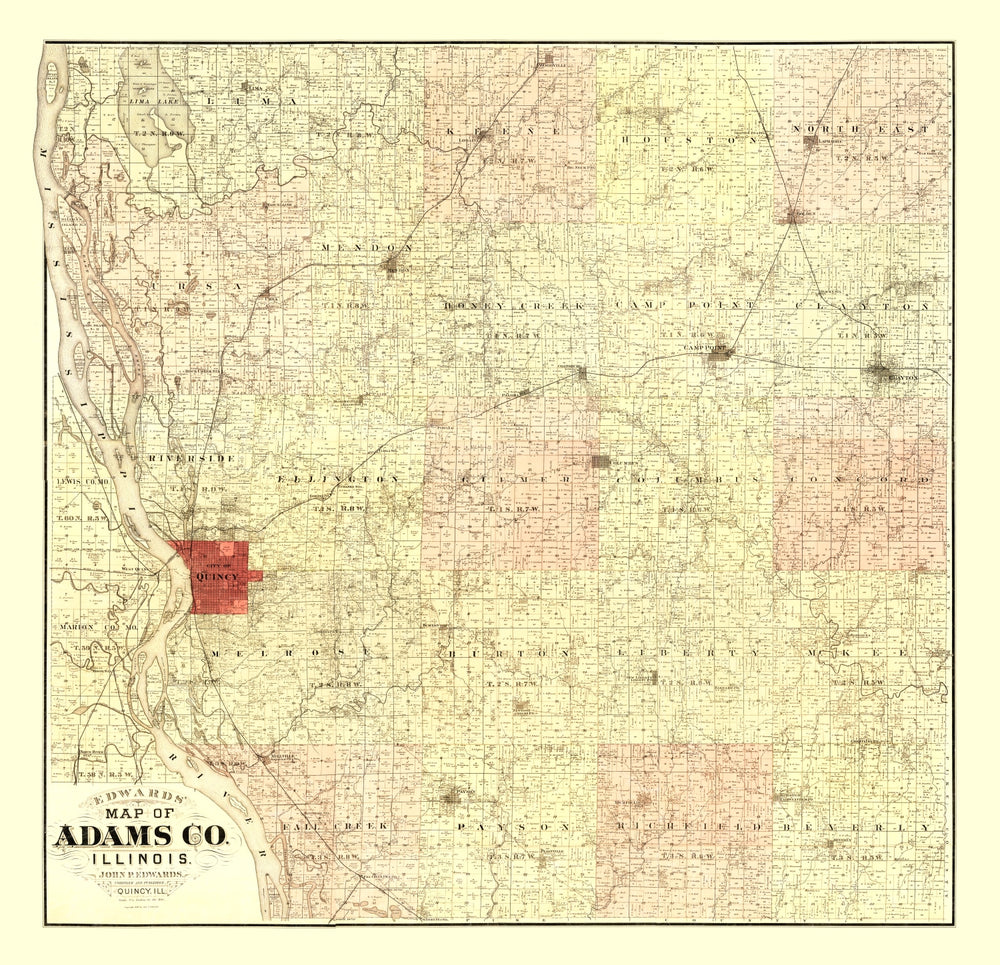 Vintage Map of Adams County, Illinois 1889 print style example