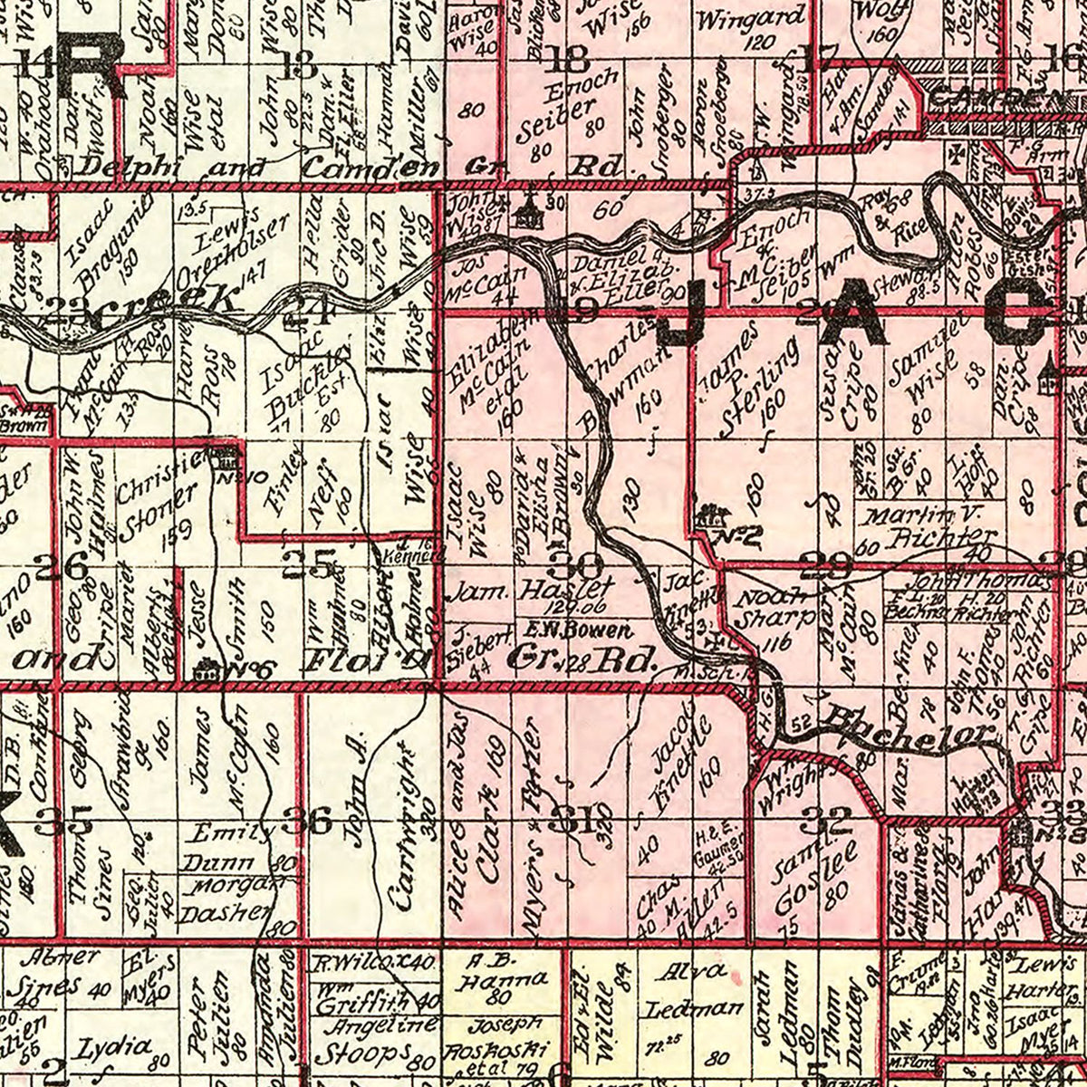 Restored historic details from the 1898 county map of Carroll County, Indiana