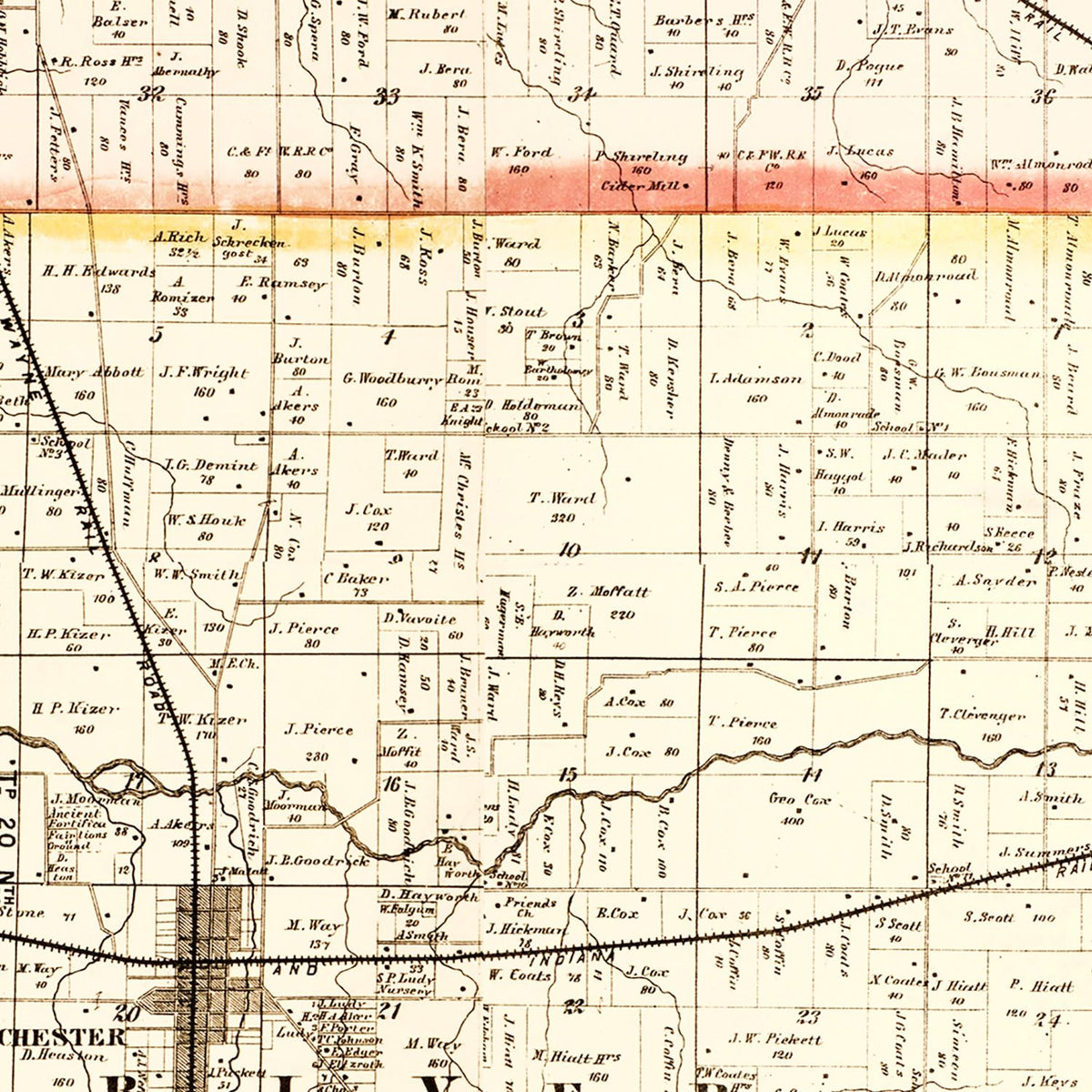 Restored historic details from the 1865 county map of Randolph County, Indiana
