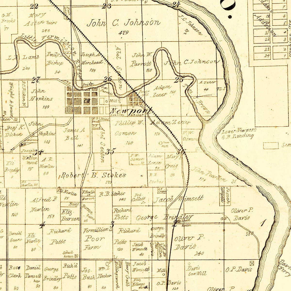 Restored historic details from the 1872 county map of Vermillion County, Indiana