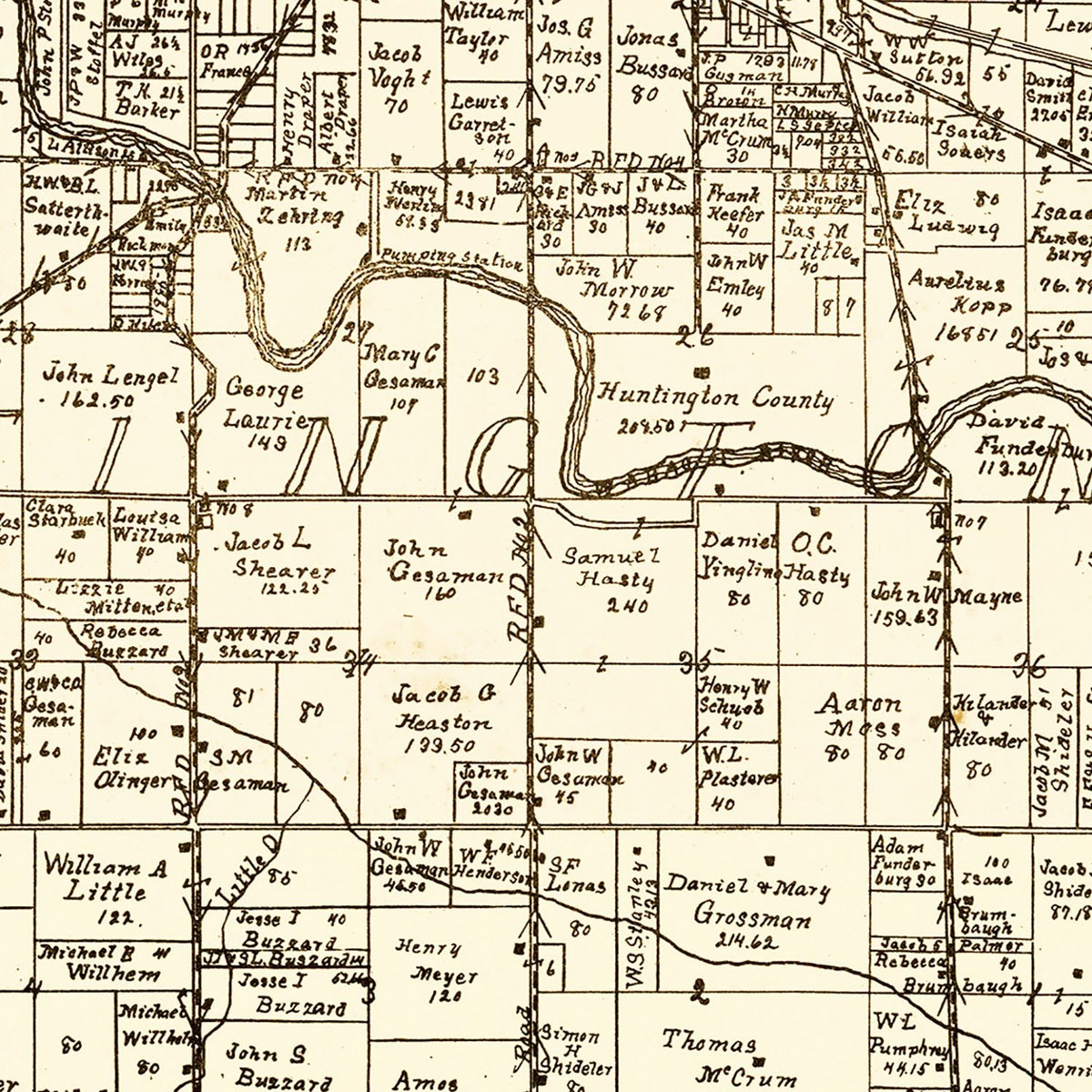 Restored historic details from the 1903 county map of Huntington County, Indiana