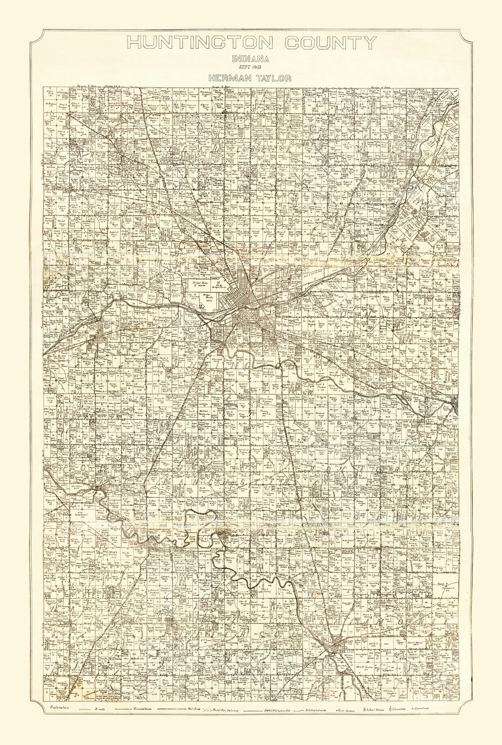 Vintage Map of Huntington County, Indiana 1903 print style example