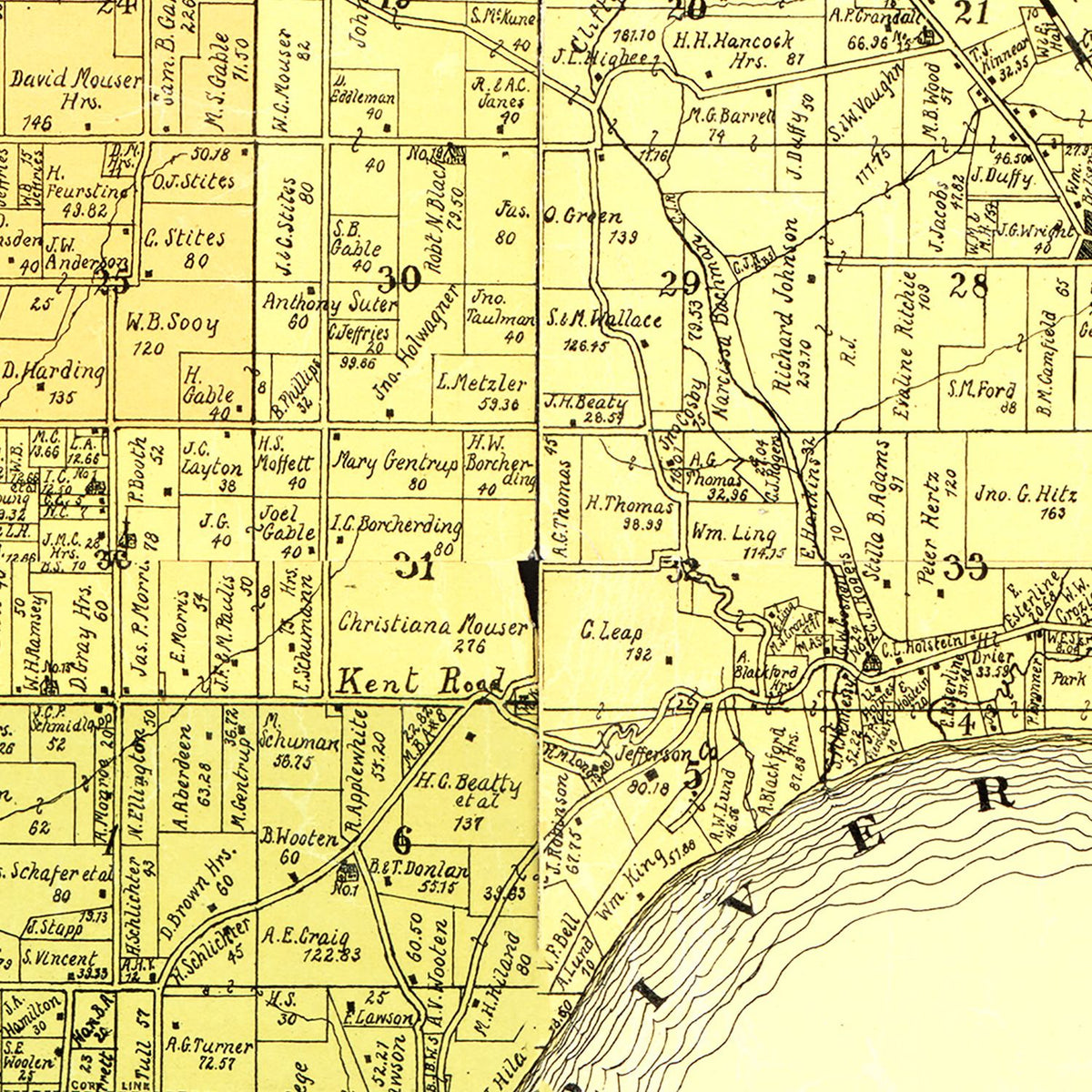 Restored historic details from the 1900 county map of Jefferson County, Indiana