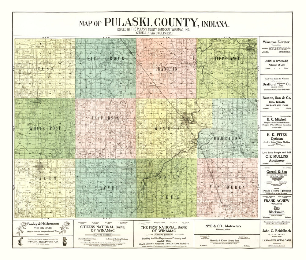 Vintage Map of Pulaski County, Indiana 1907 print style example