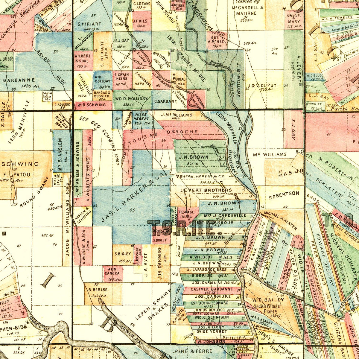 Restored historic details from the 1883 county map of Iberville Parish, Louisiana