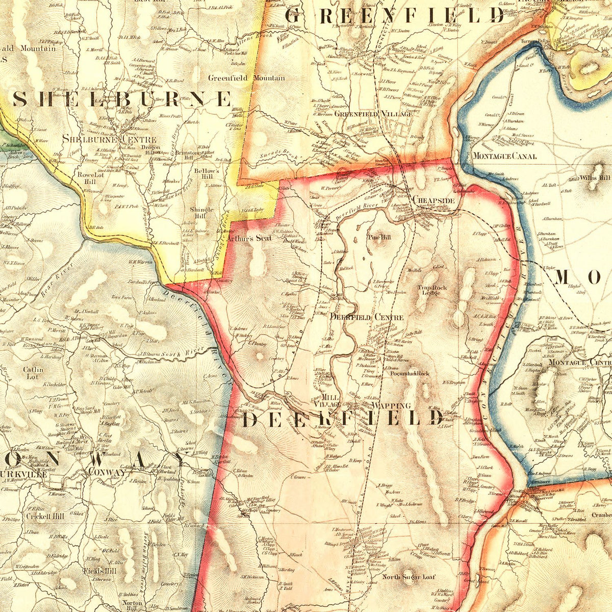 Restored historic details from the 1858 county map of Franklin County, Massachusetts