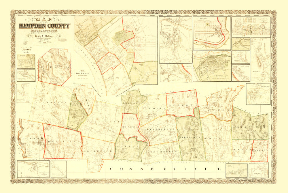 Vintage Map of Hampden County, Massachusetts 1855 print style example