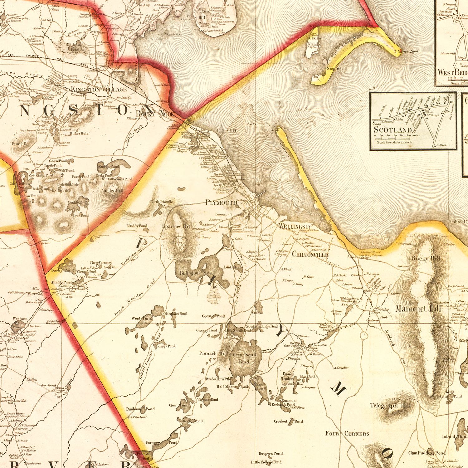 Restored historic details from the 1857 county map of Plymouth County, Massachusetts