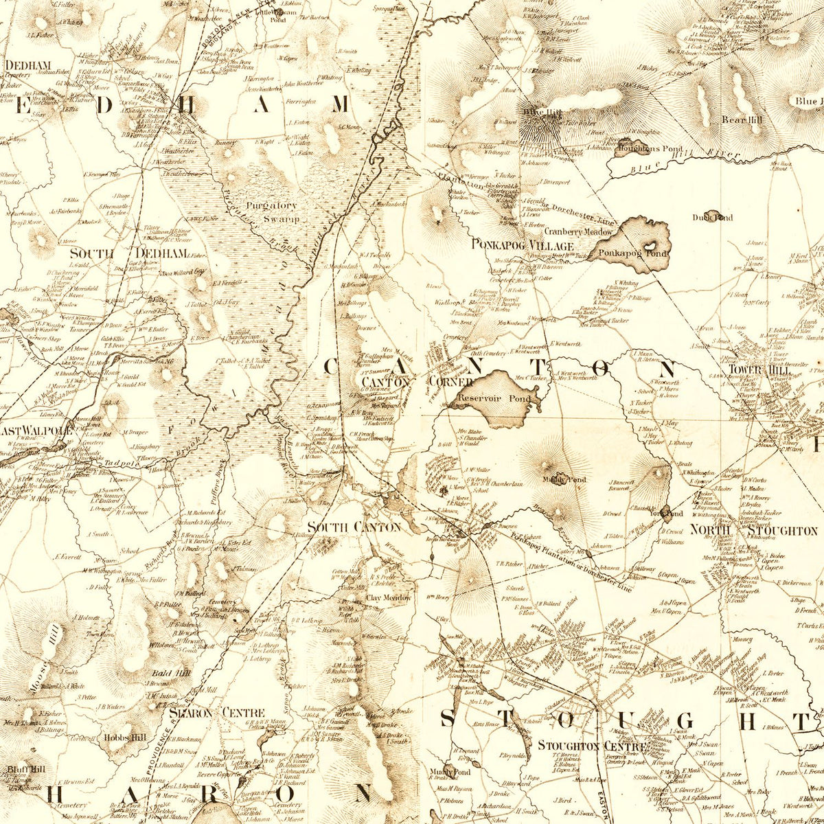 Restored historic details from the 1858 county map of Norfolk County, Massachusetts
