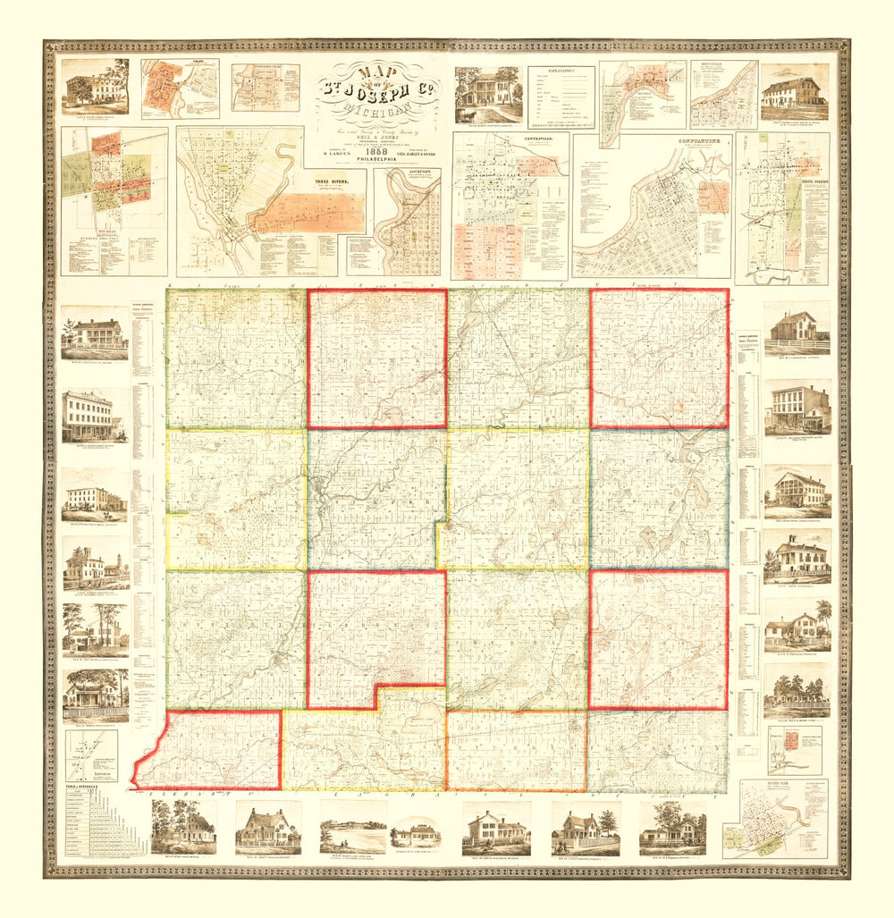 Vintage Map of St. Joseph County, Michigan 1858 print style example