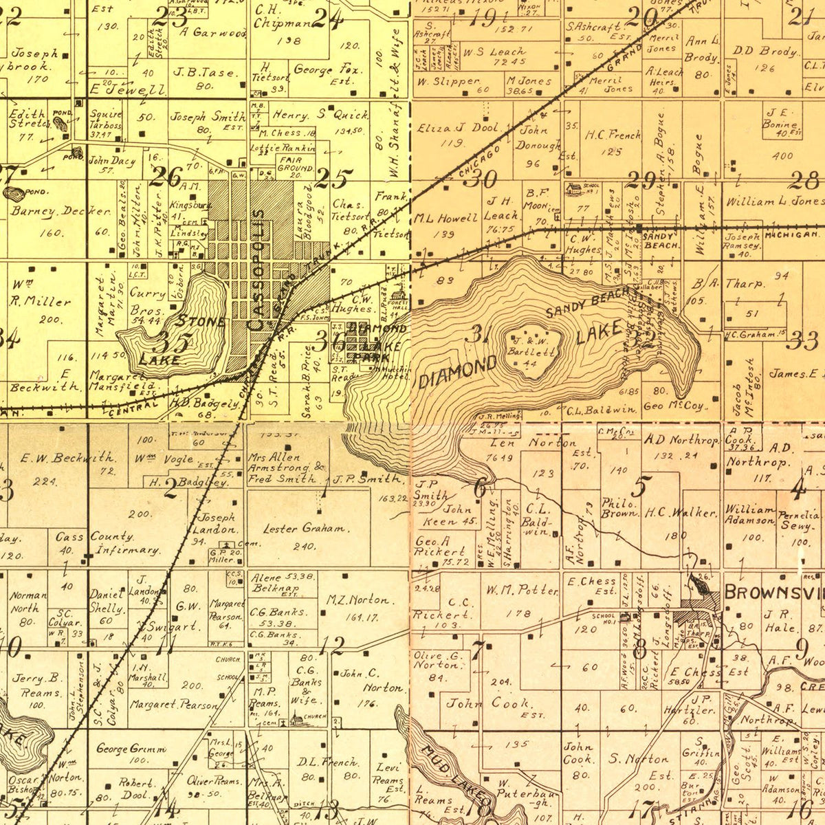 Restored historic details from the 1897 county map of Cass County, Michigan