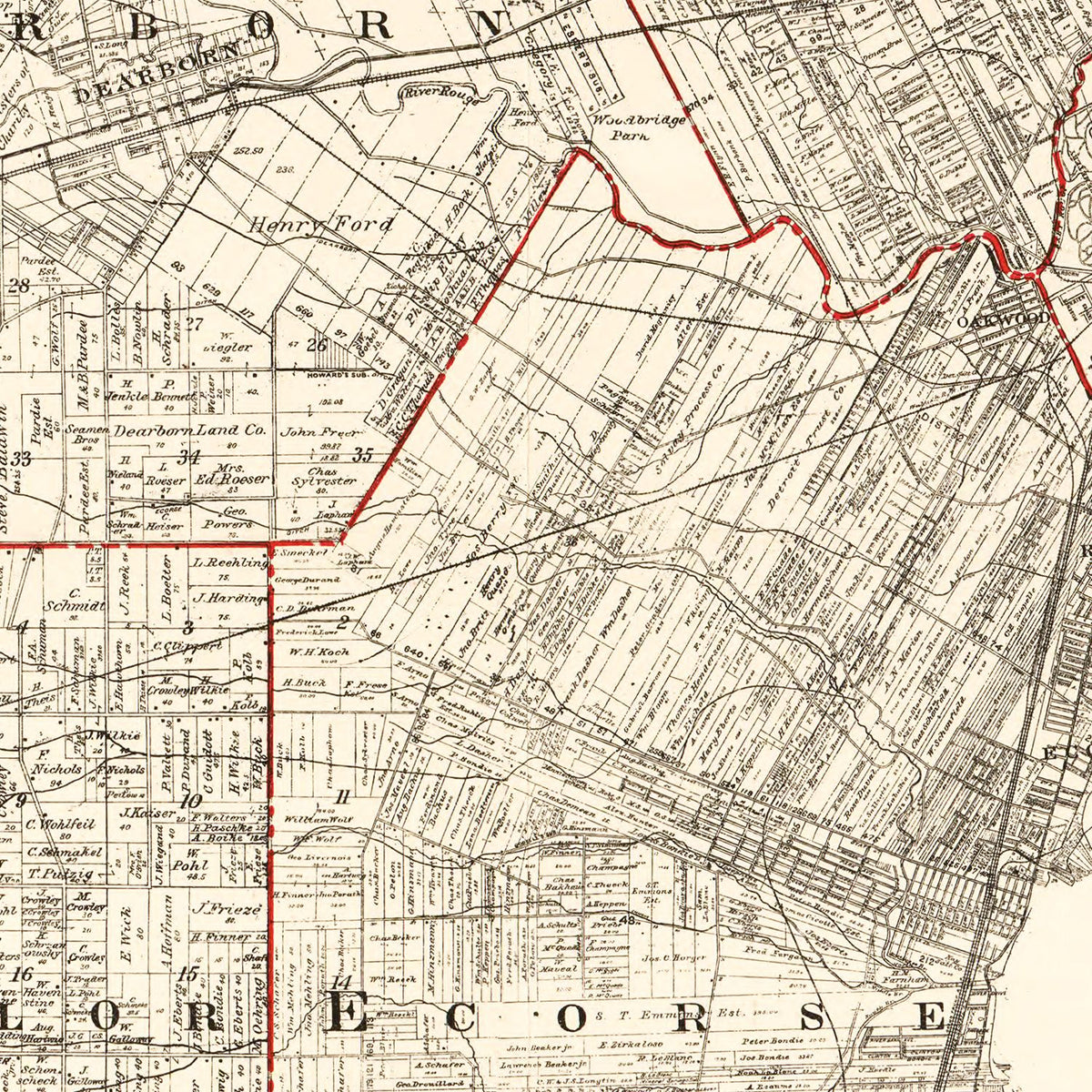 Restored historic details from the 1915 county map of Wayne County, Michigan