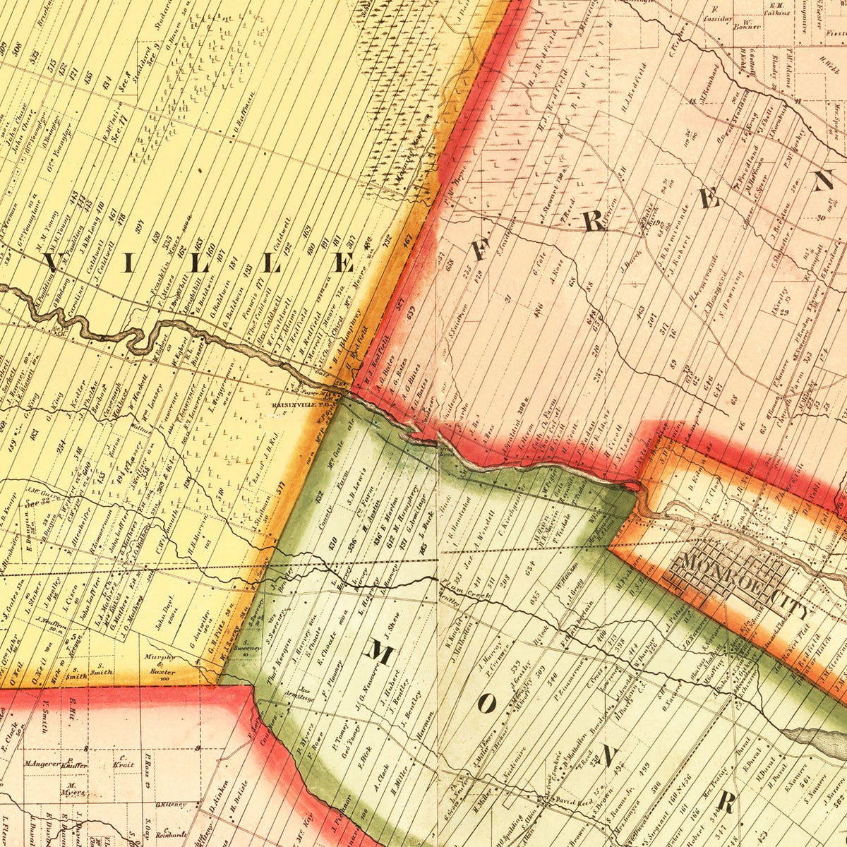 Restored historic details from the 1859 county map of Monroe County, Michigan