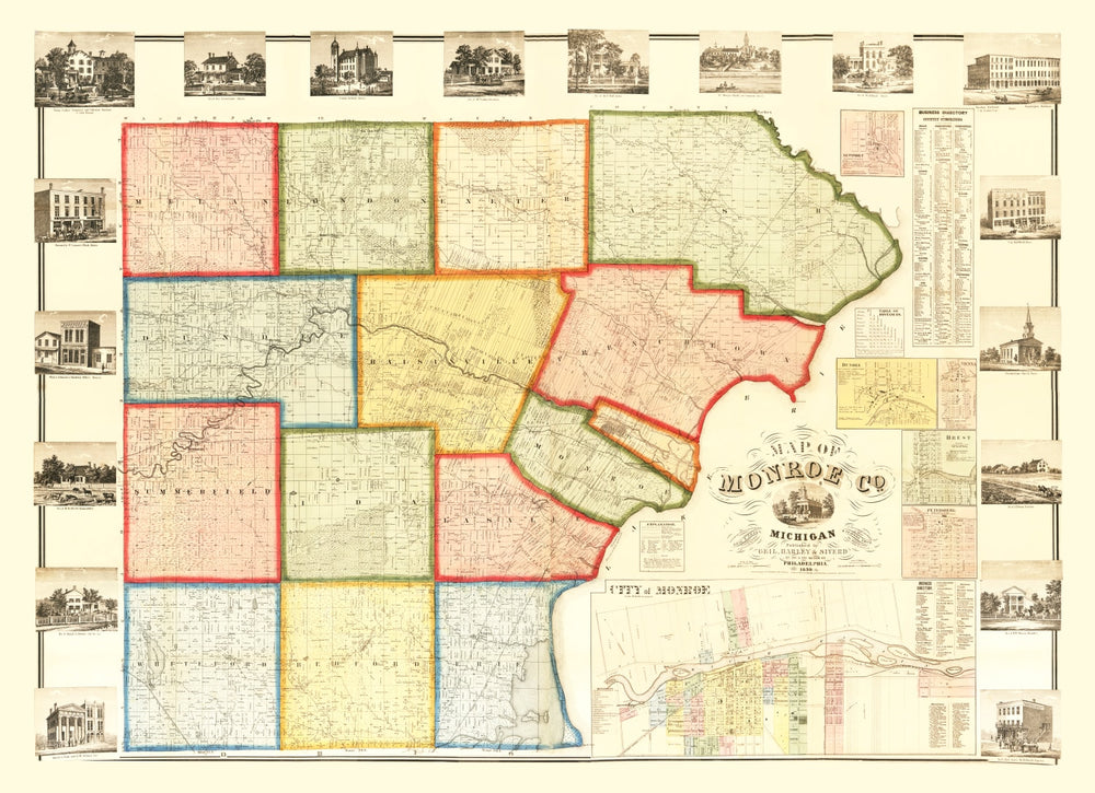 Vintage Map of Monroe County, Michigan 1859 print style example