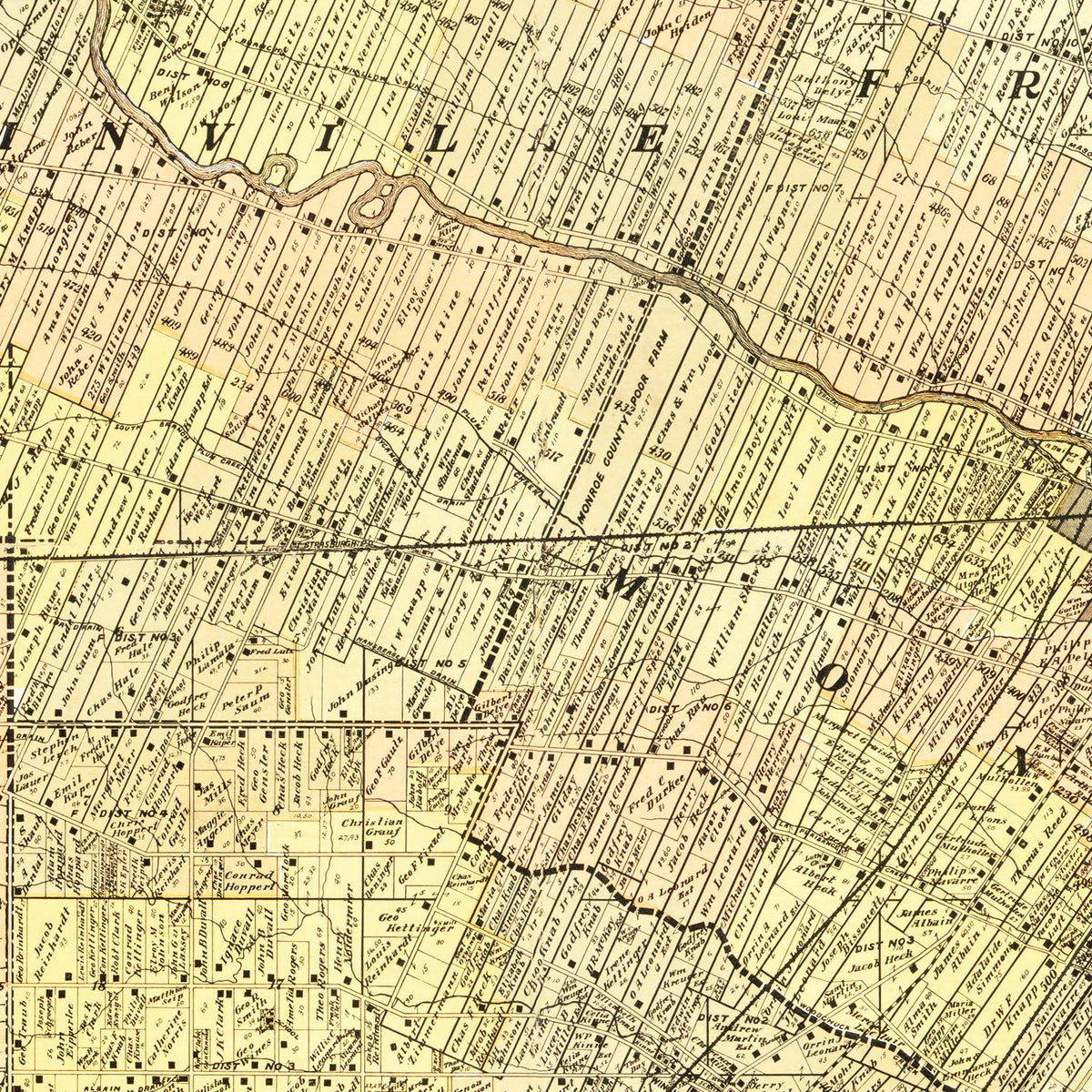 Restored historic details from the 1901 county map of Monroe County, Michigan