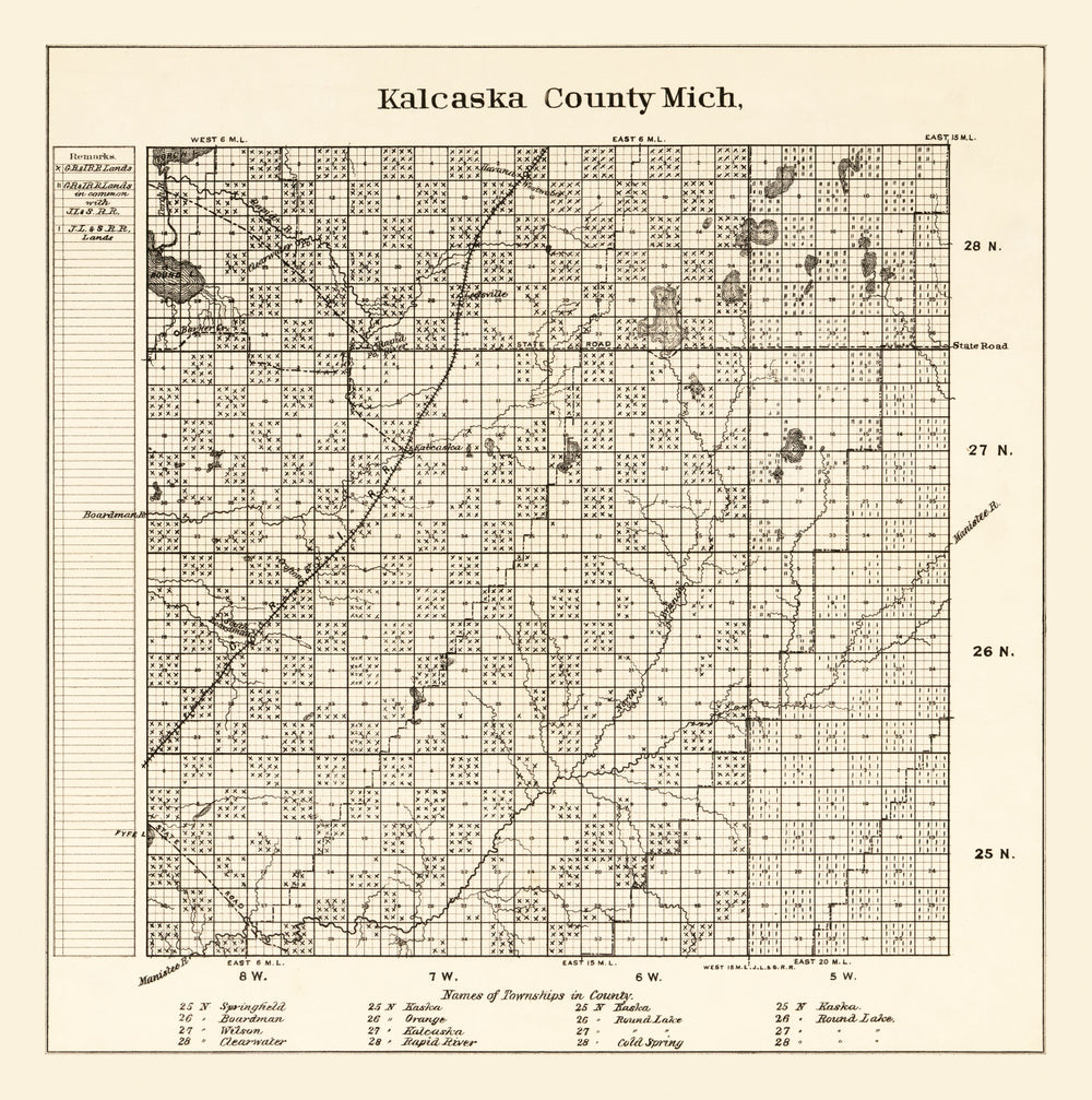Vintage Map of Kalcaska County, Michigan 1878 print style example