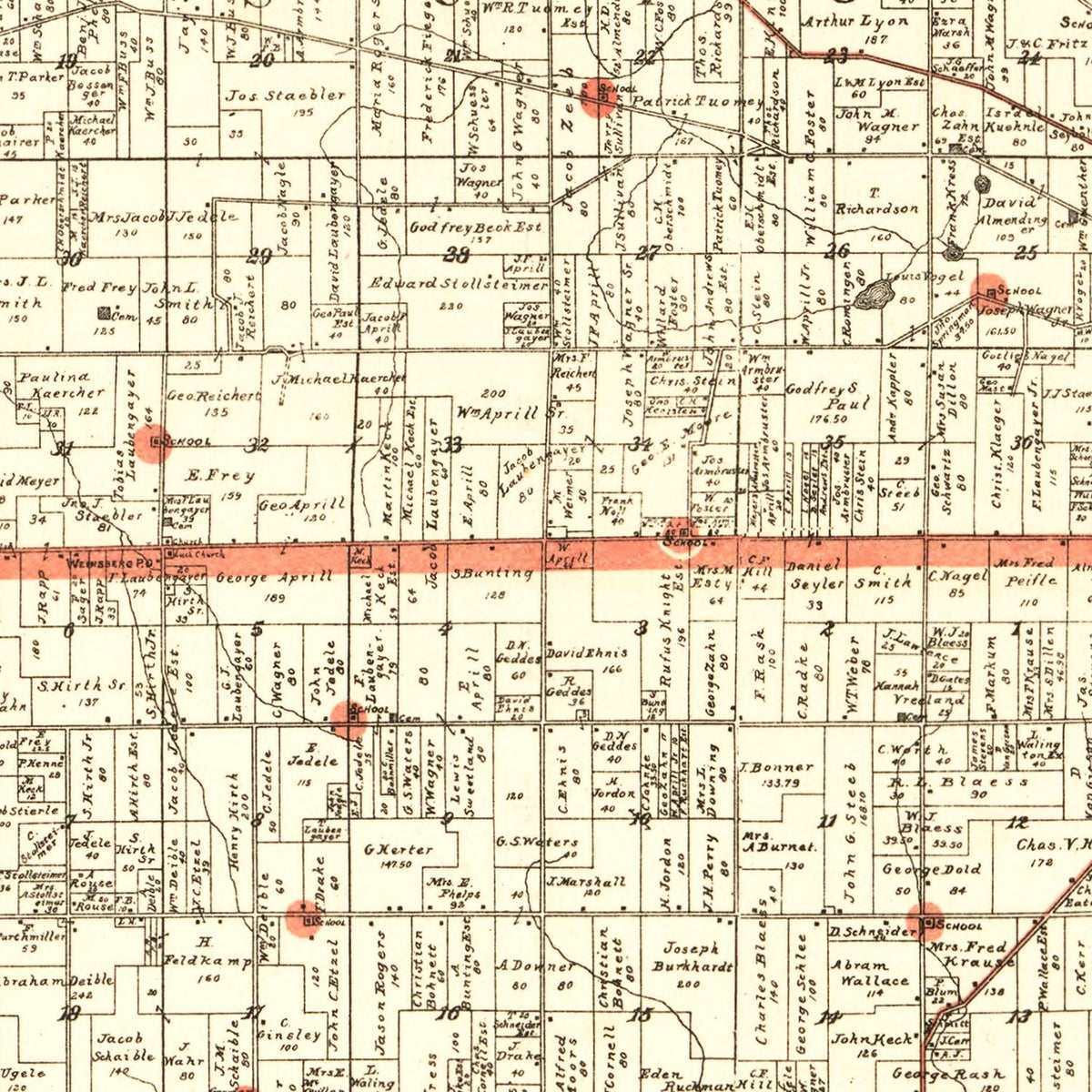 Restored historic details from the 1896 county map of Washtenaw County, Michigan